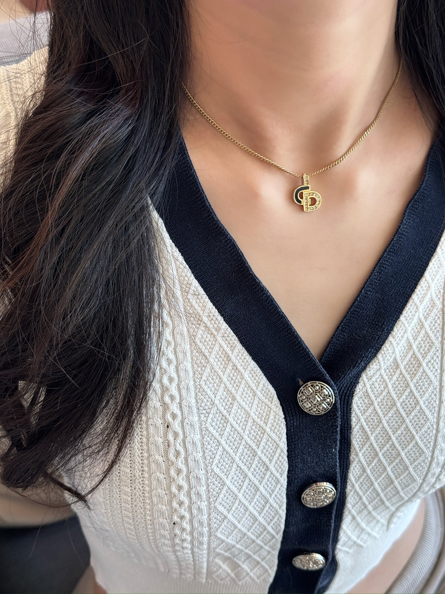 Dior Vintage Black & Gold Crystal “CD” Pendant Necklace