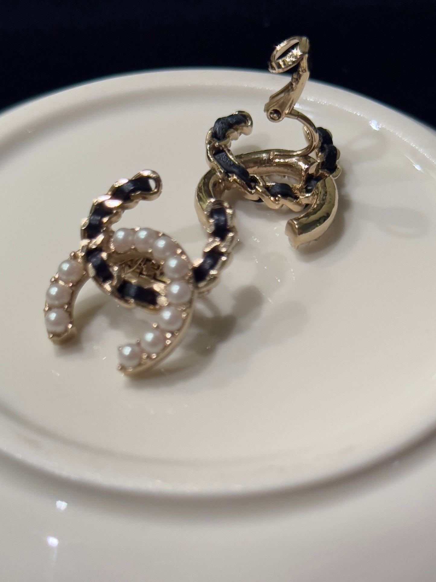 Chanel 2022 Leather-Woven Pearl CC Earrings