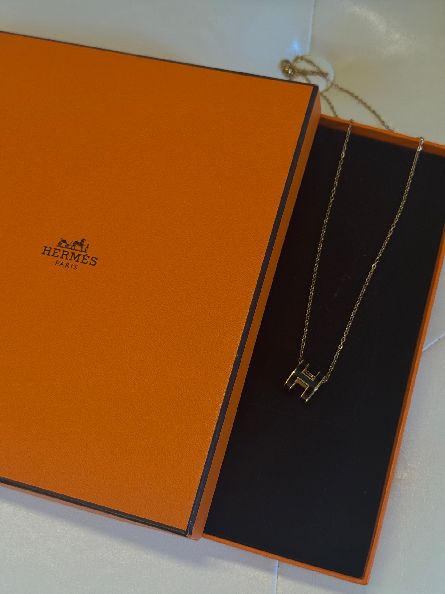 Hermes Pop H Black and Gold Pendant Necklace