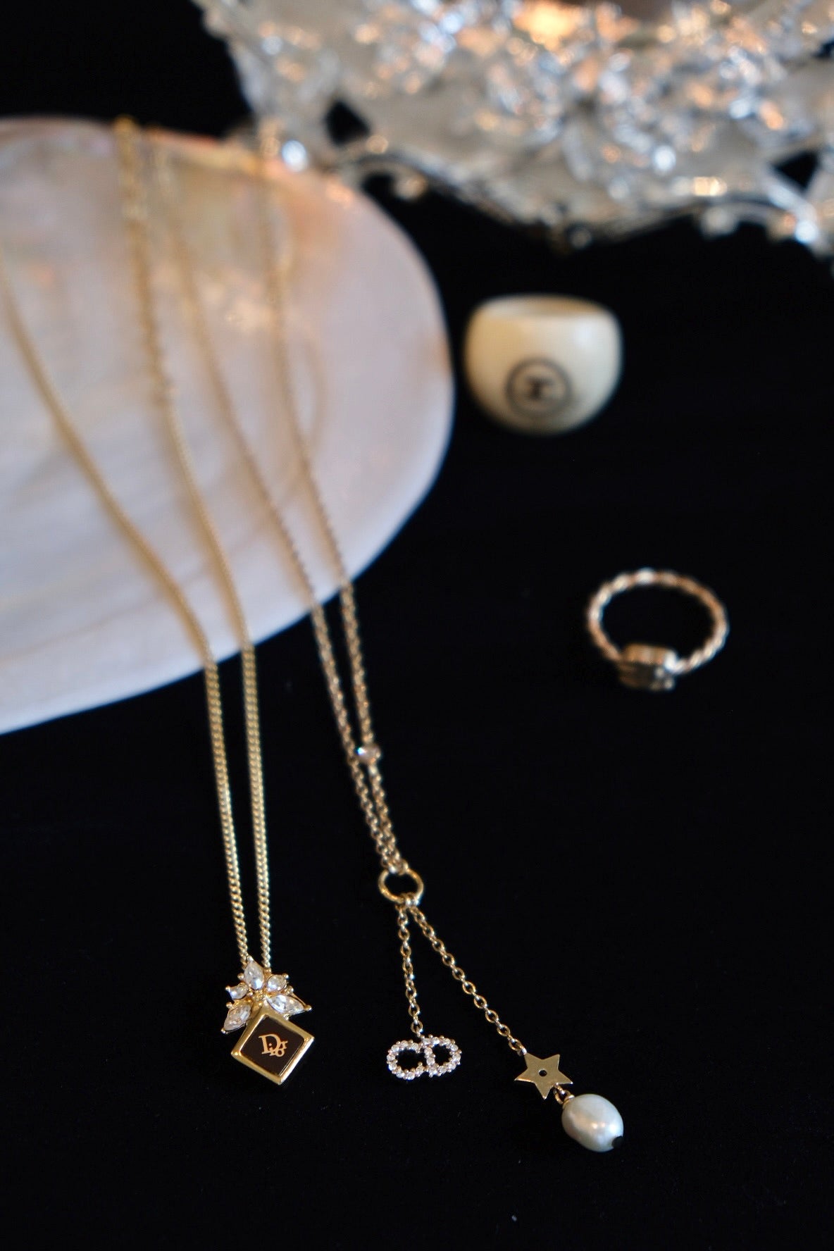 Dior 2010s Asymmetrical Star & Pearl CD Drop Necklace