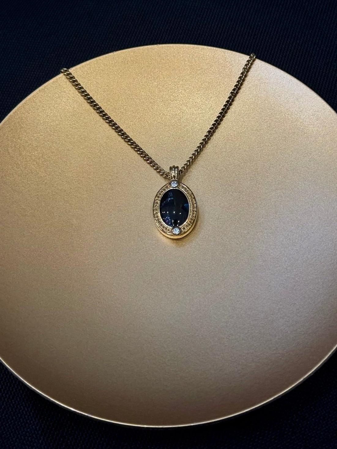 Vintage Dior Black Cabochon & Crystal Oval Pendant Necklace
