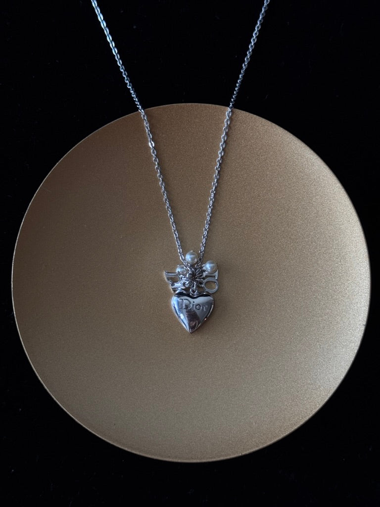 Dior Vintage Silver Heart Pendant Necklace with Pearl Charms