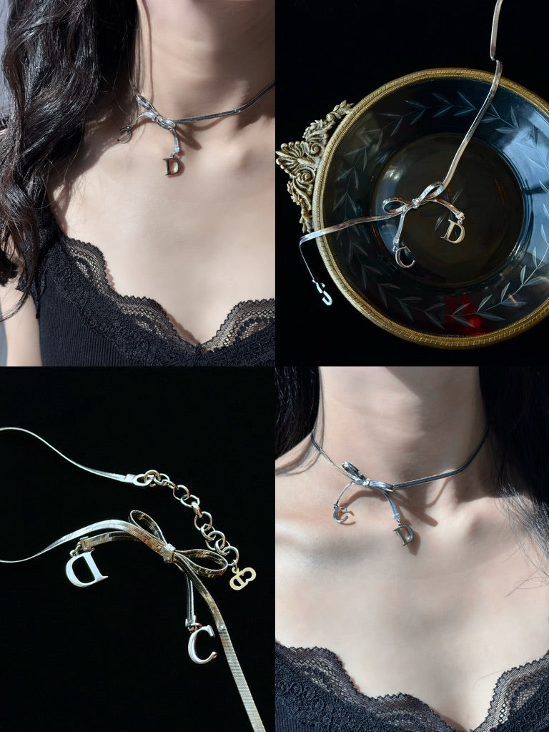 Dior Vintage Silver Ribbon "CD" Charm Necklace