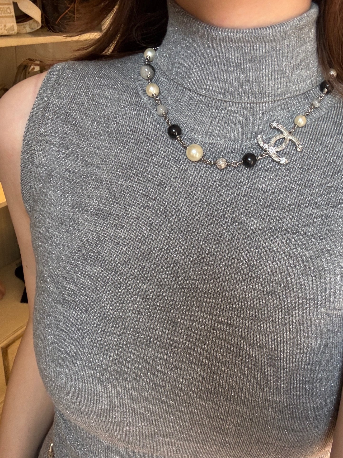 Chanel CC Twinkle Stars Pearl & Black Stone Long Necklace