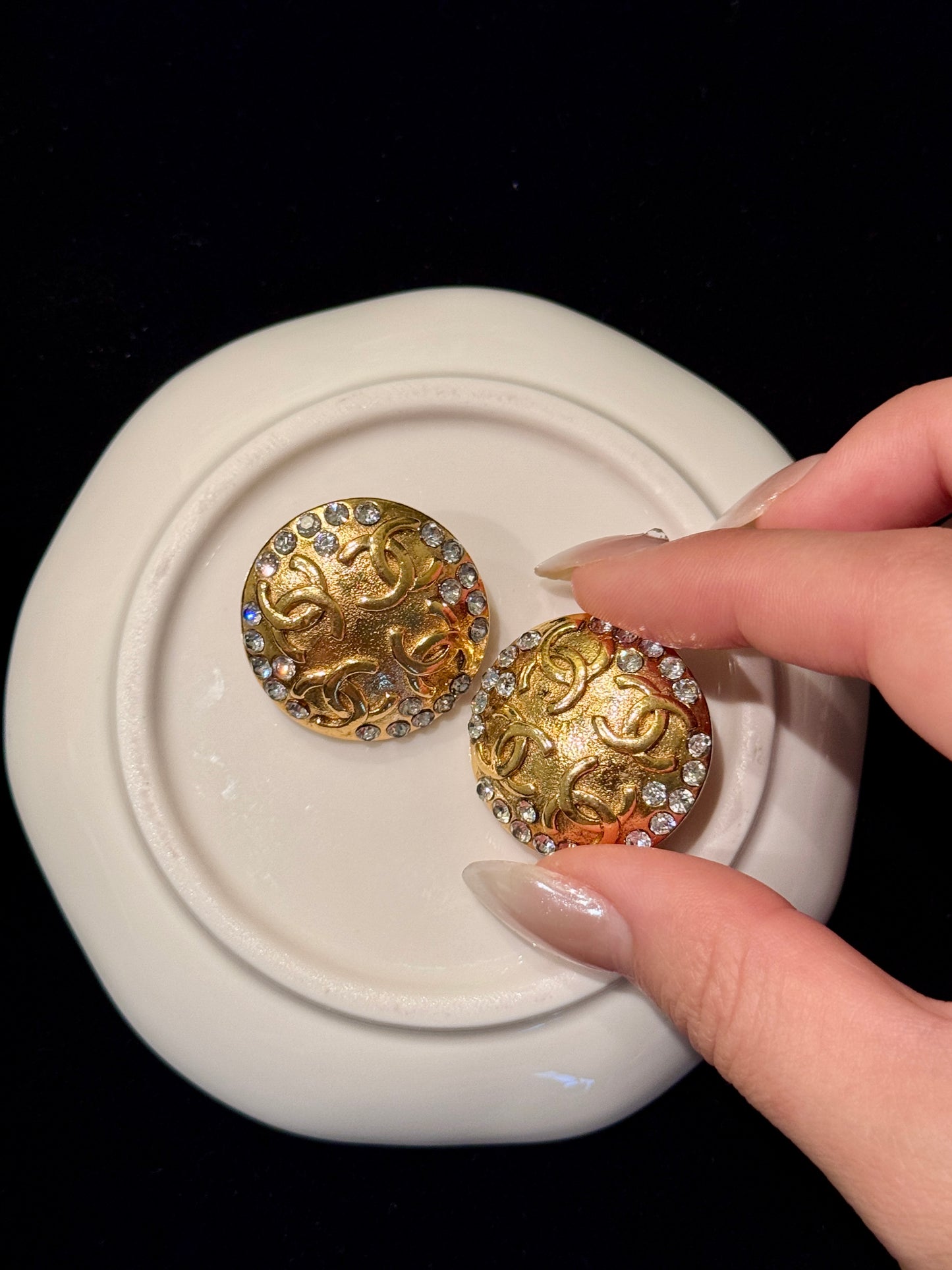Chanel 1980s Gold CC Embossed Crystal Clip-On Earrings