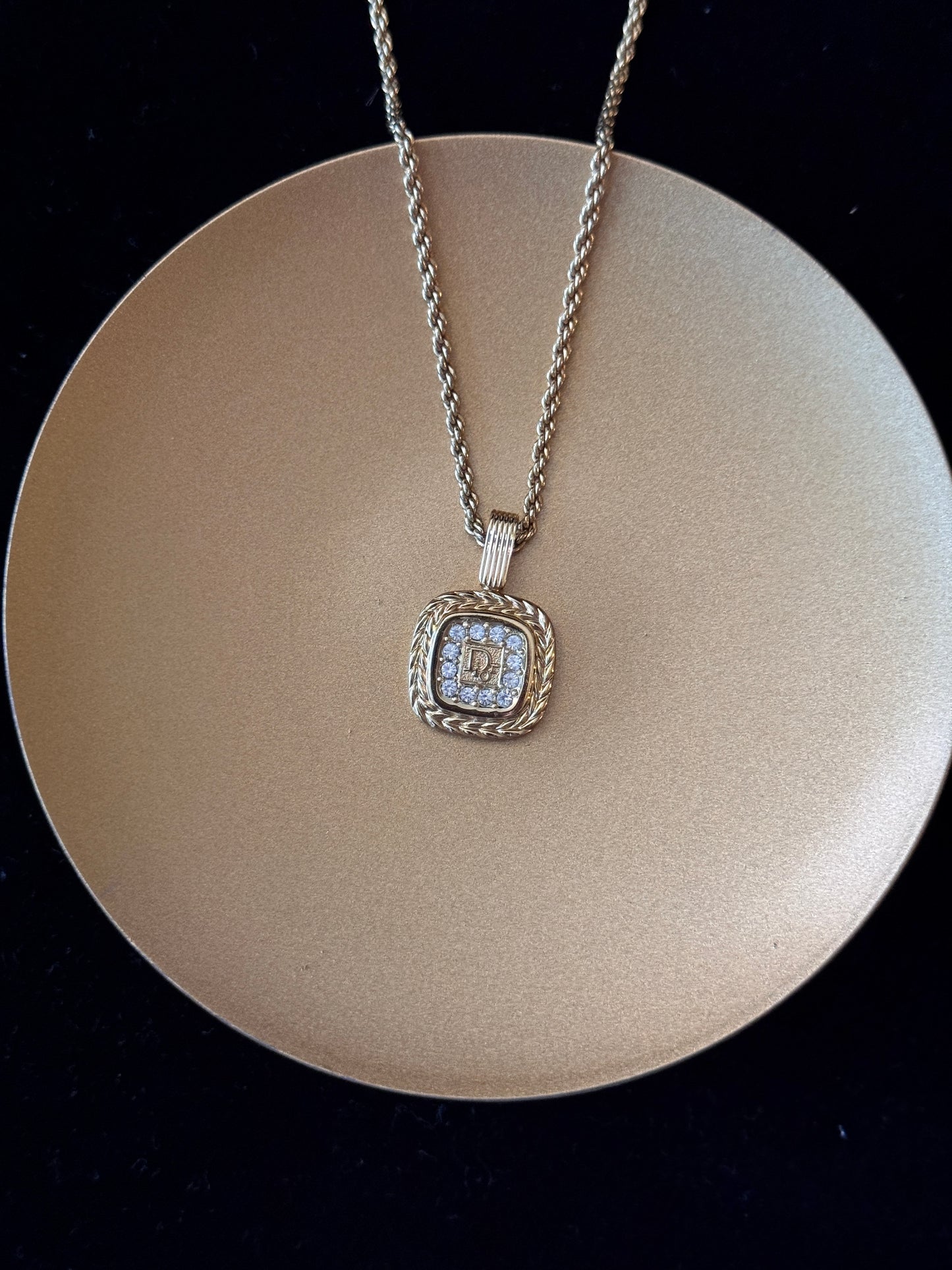 Dior Vintage Gold Cyrstals Embeded Logo Pendant Necklace