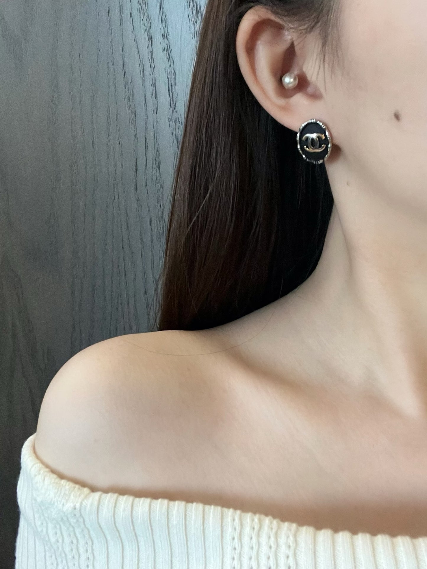 Chanel 1980s Black & Silver Shield Stud Earrings