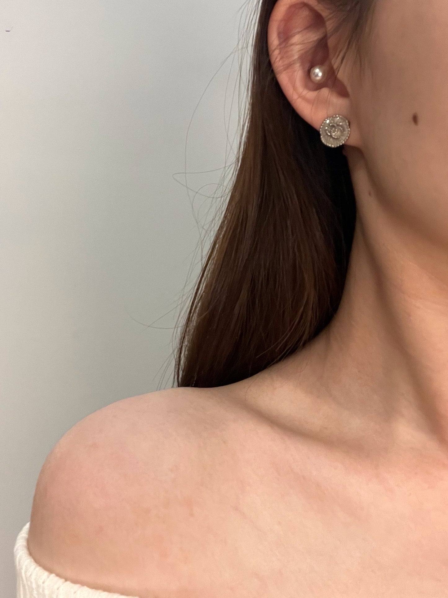 Chanel 2015 Vintage Silver CC Textured Stud Earrings