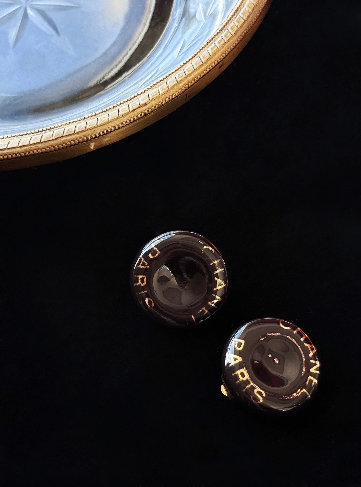 Chanel Vintage Black Resin Clip-On Earrings with Gold “CHANEL PARIS” Lettering
