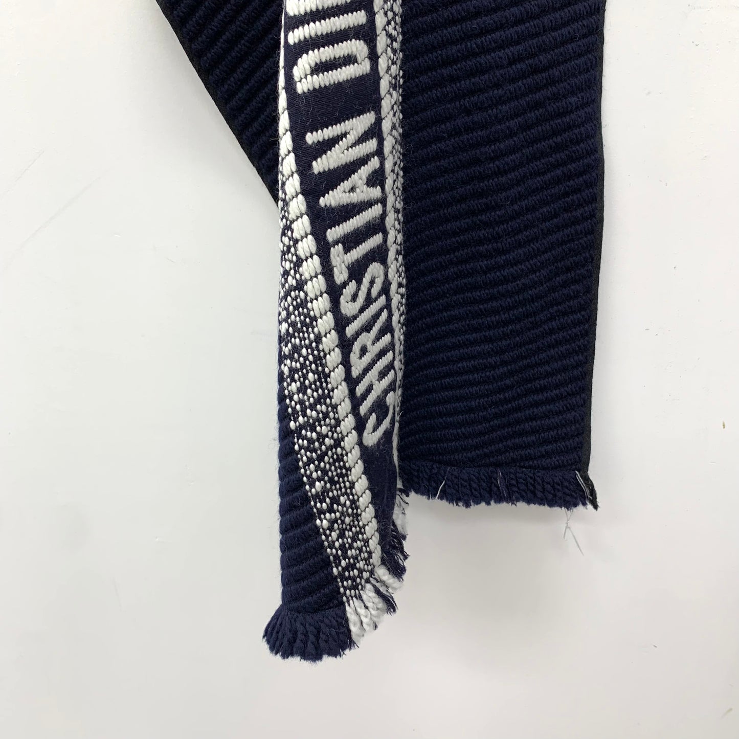 Dior Navy Blue Monogram Wool Fringe Scarf