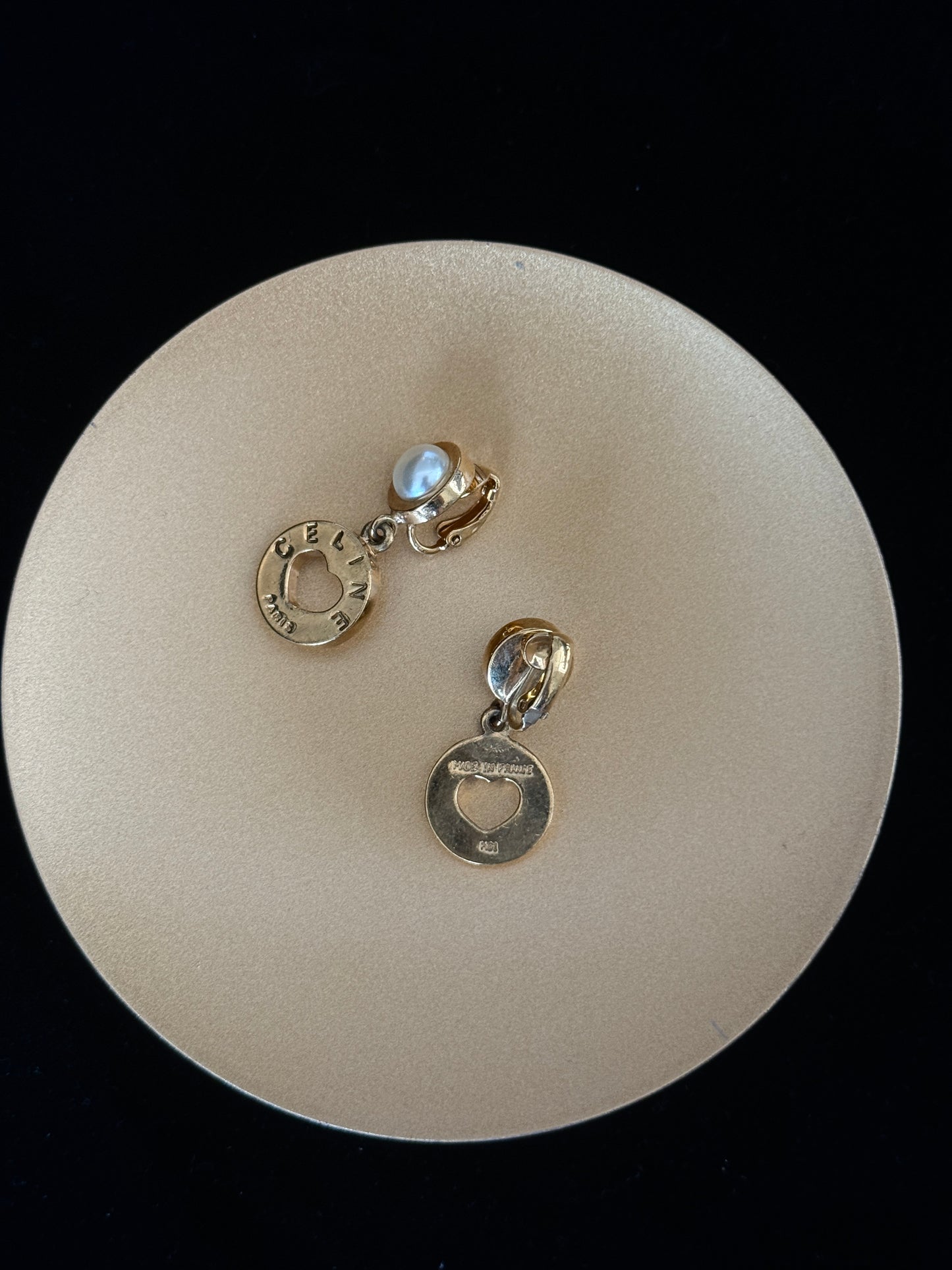 Celine Vintage Heart Charm Pearl Clip-On Earrings