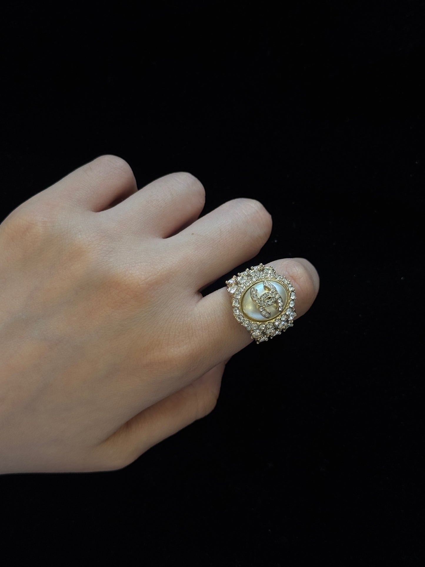 Chanel 2020 Gold-Tone CC Pearl Rhinestone Ring