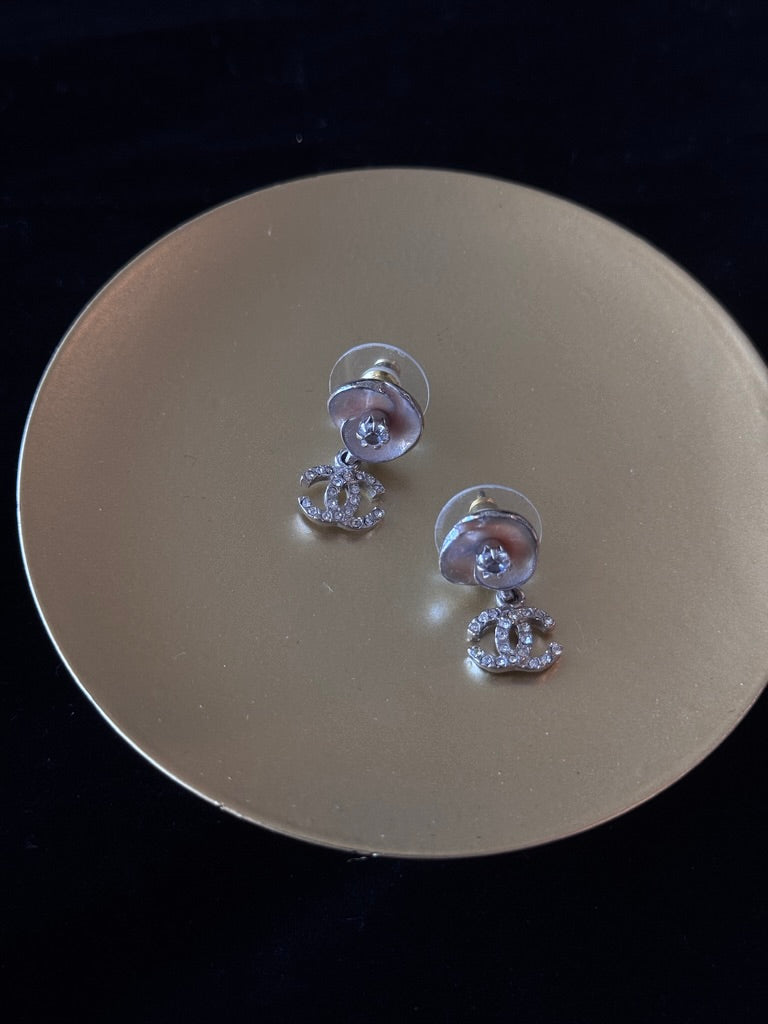 CHANEL Crystal CC Drop Earrings with Pink Camellia Stud Earrings