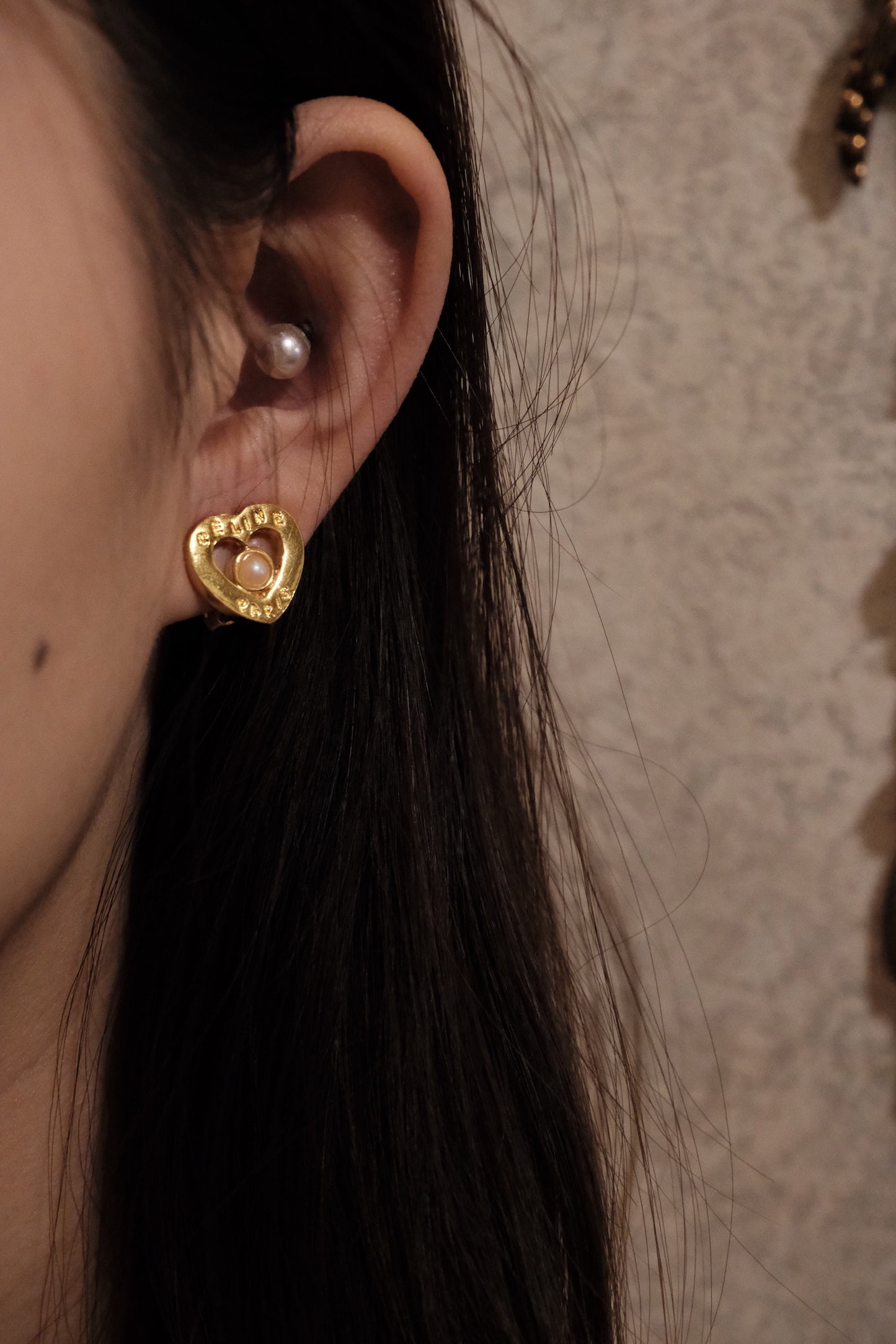 Celine Vintage Heart Pearl Ear Clips