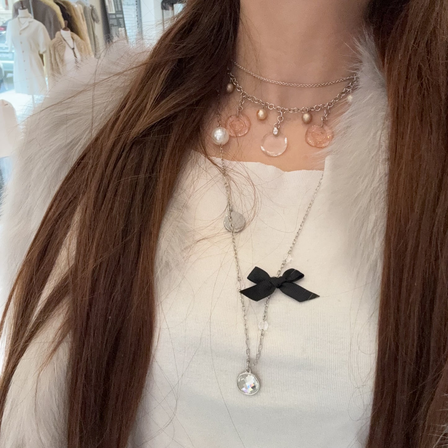Dior Vintage Silver-Tone Charm Necklace with Bow and Crystal Pendant