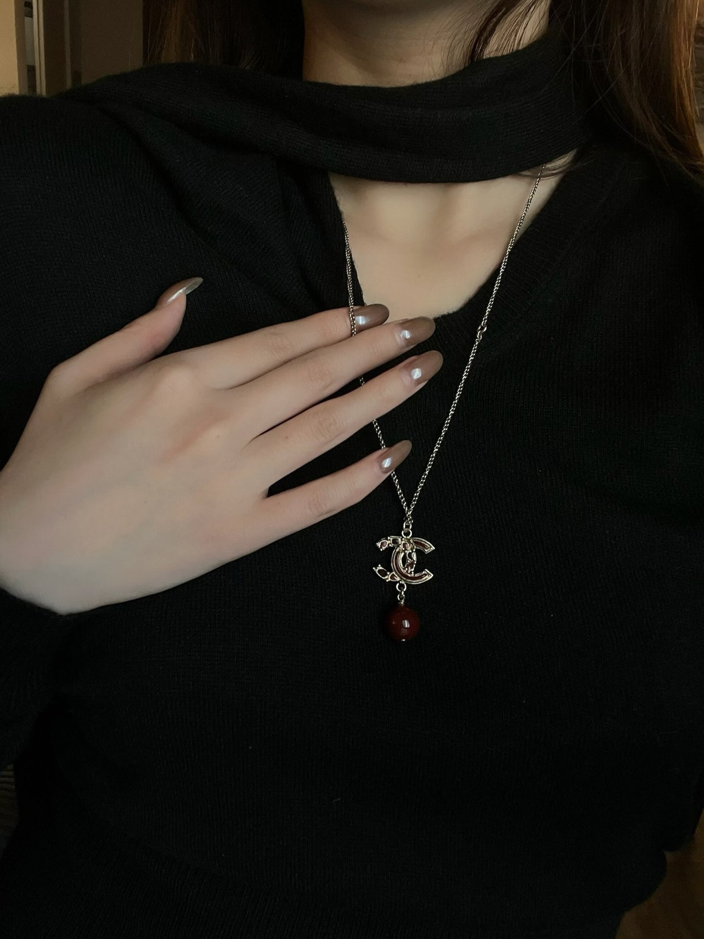 Chanel 2012 Deep Ruby Bead Logo Pendant Necklace