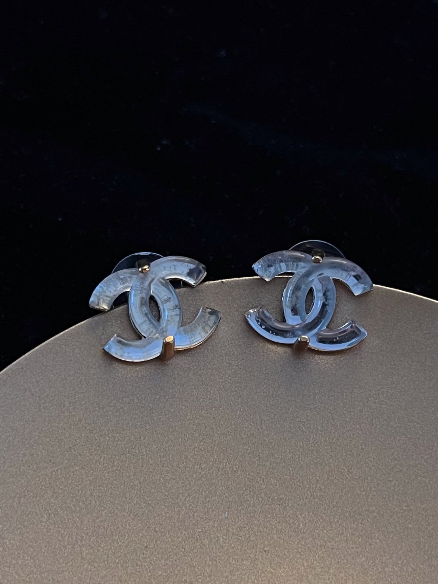 Chanel 2002 Transparent CC Plated Gold Stud Earrings