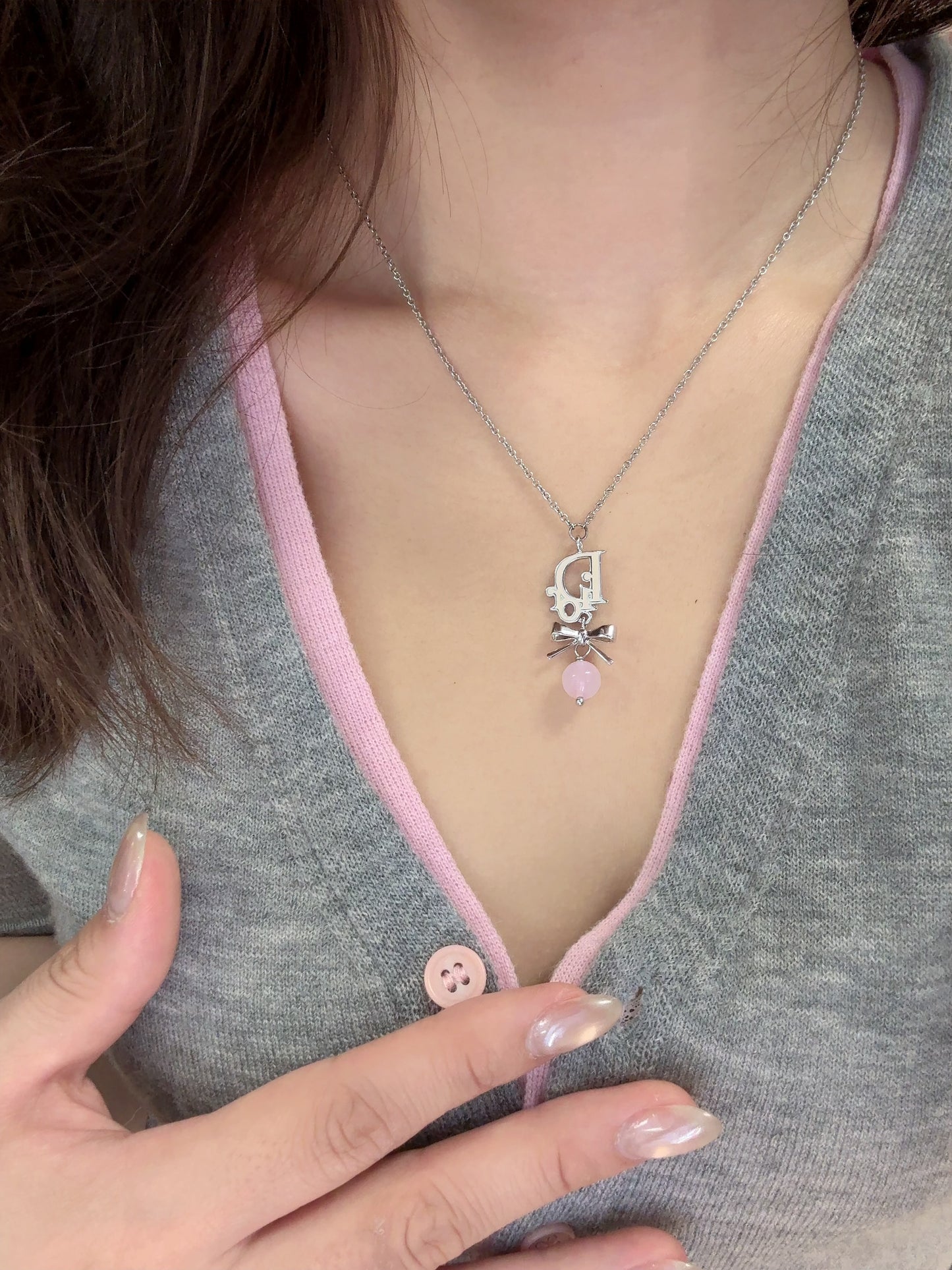 Dior Silver-Tone Logo Bow Pendant Necklace