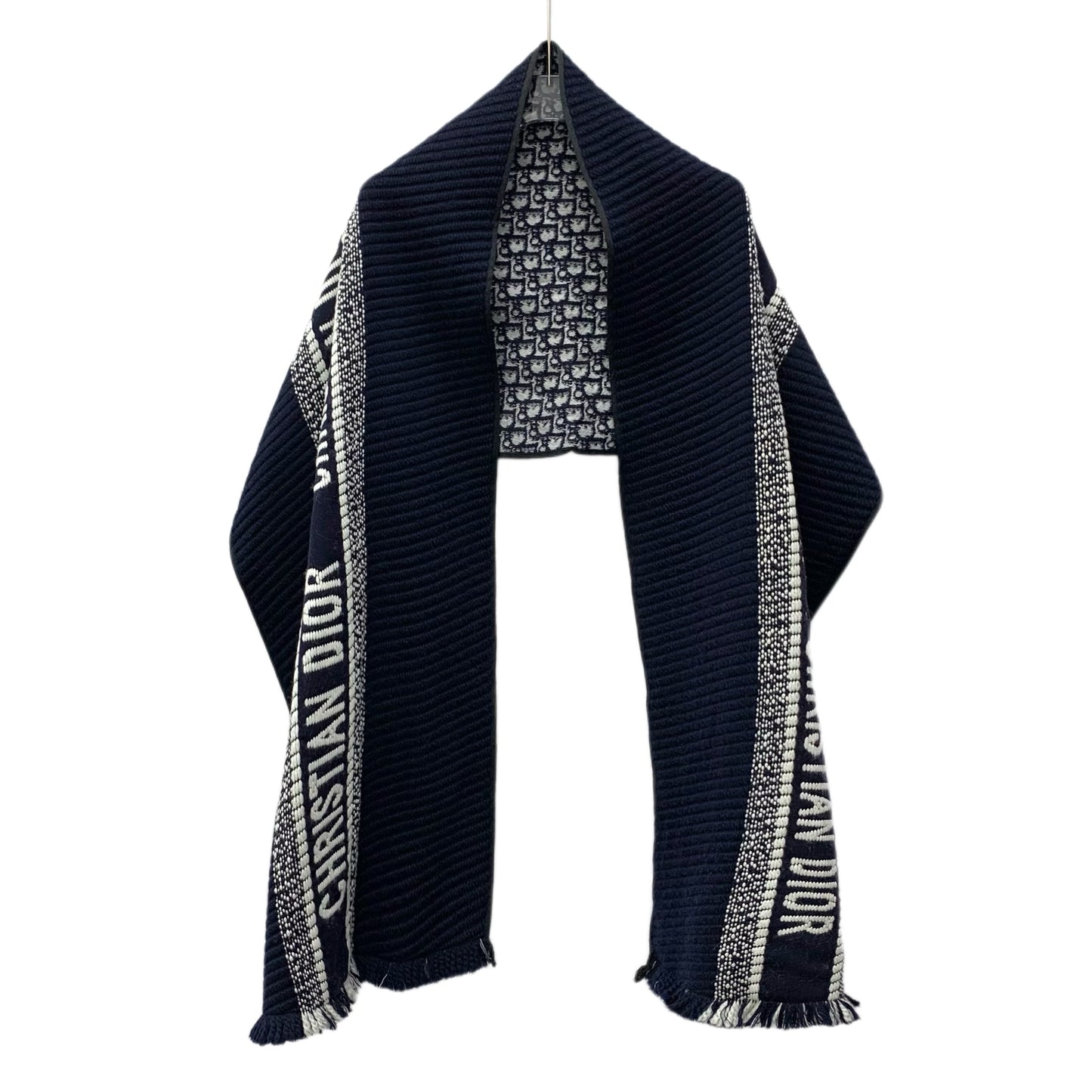 Dior Navy Blue Monogram Wool Fringe Scarf