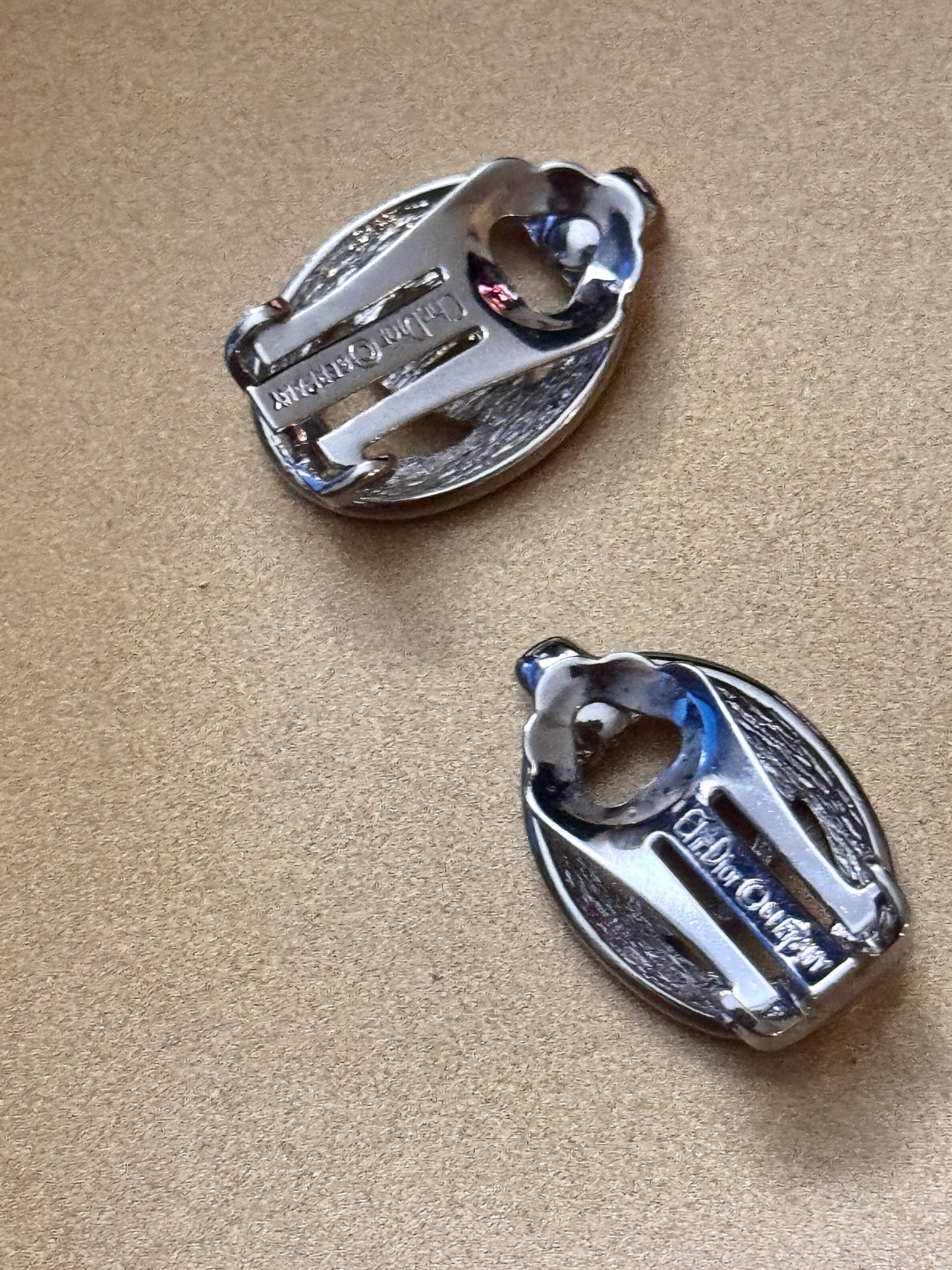 Dior Vintage Silver Crystal Oval Ear Clips