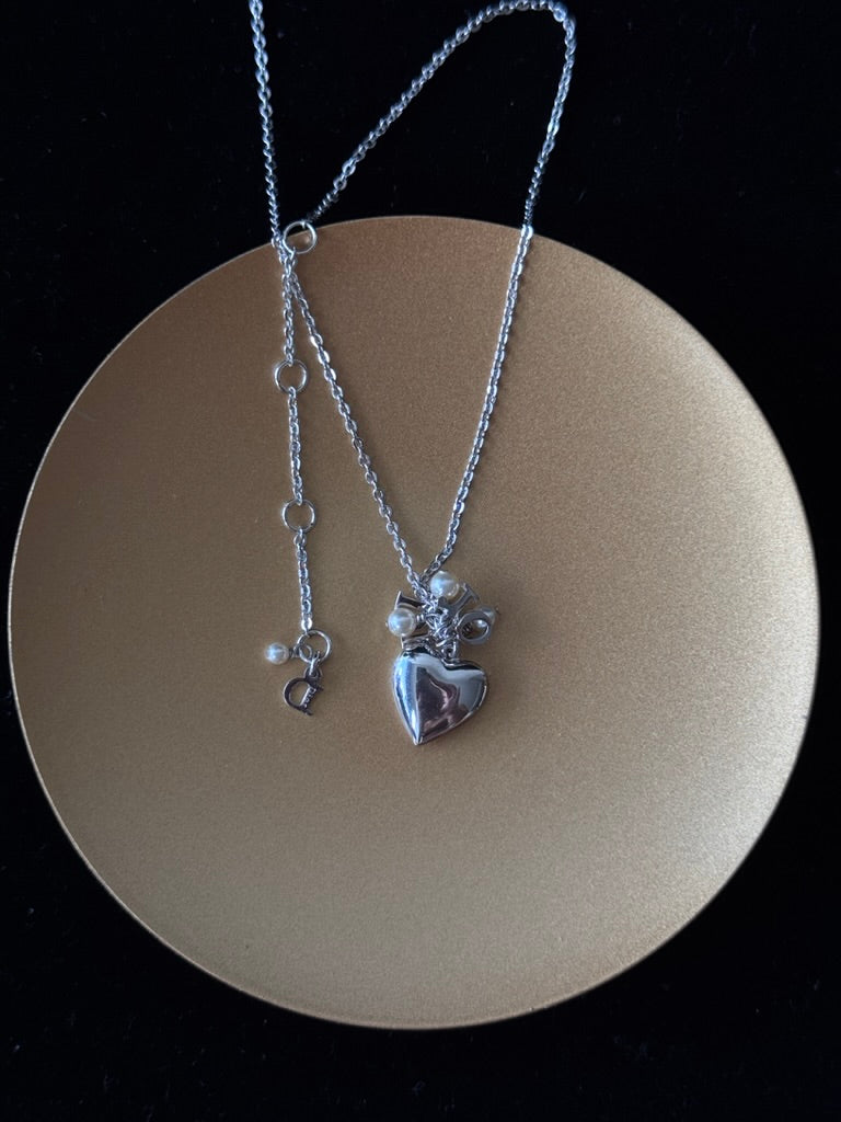 Dior Vintage Silver Heart Pendant Necklace with Pearl Charms