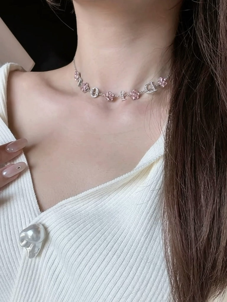 Dior Vintage Pink Crystal Floral Logo Necklace