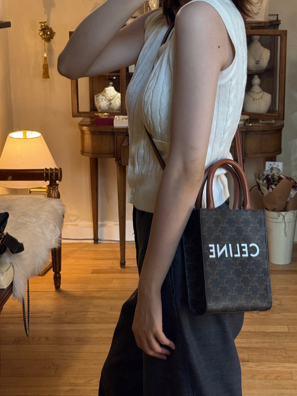 Celine Triomphe Canvas Mini Vertical Cabas Tote Bag
