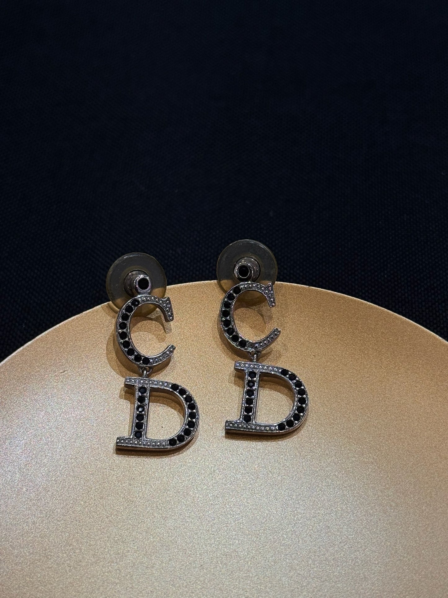 Vintage Dior Black Crystal CD Silver Earrings