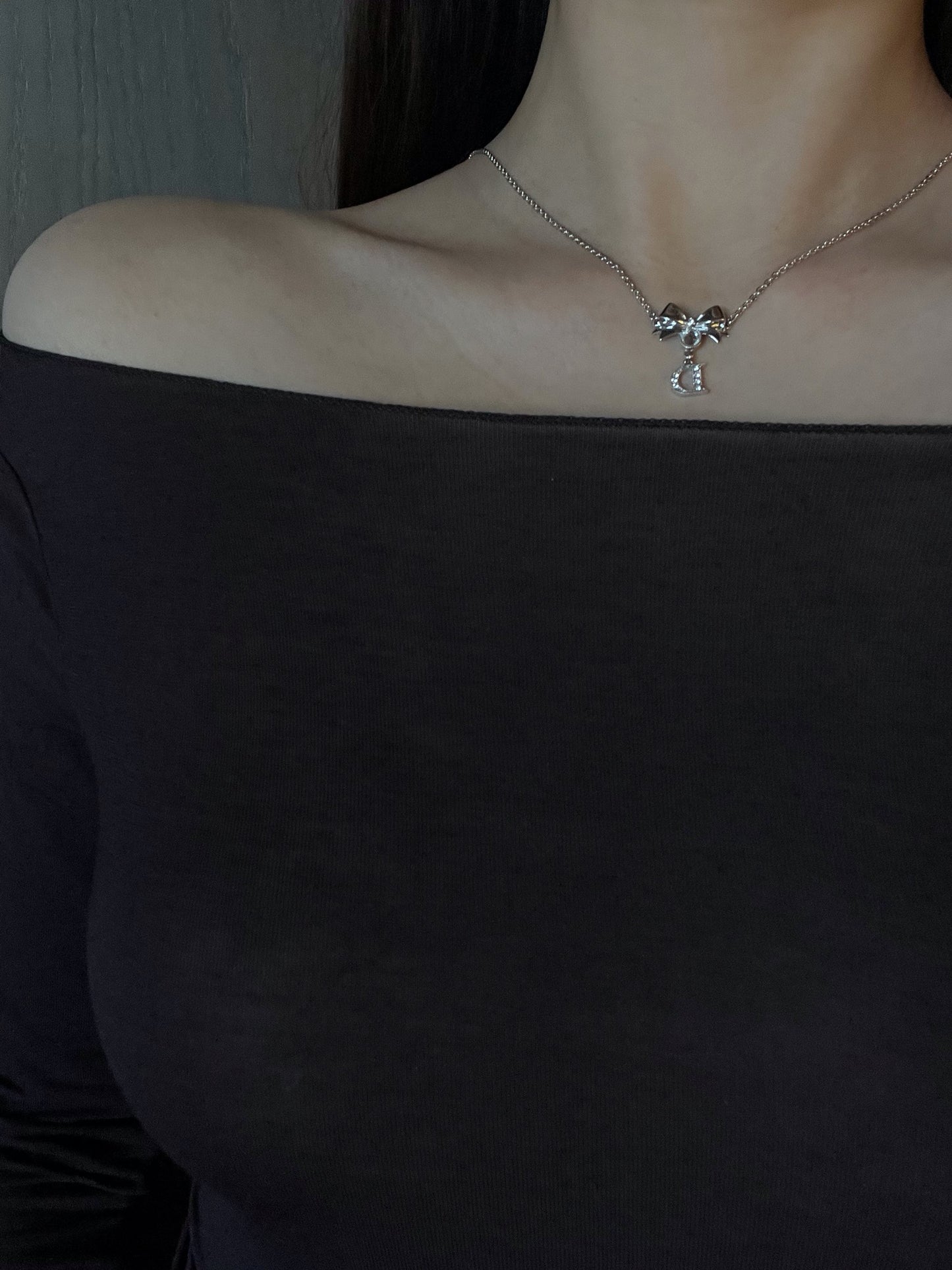 Vintage Dior Silver Bow & Crystal 'D’ Logo Pendant Necklace