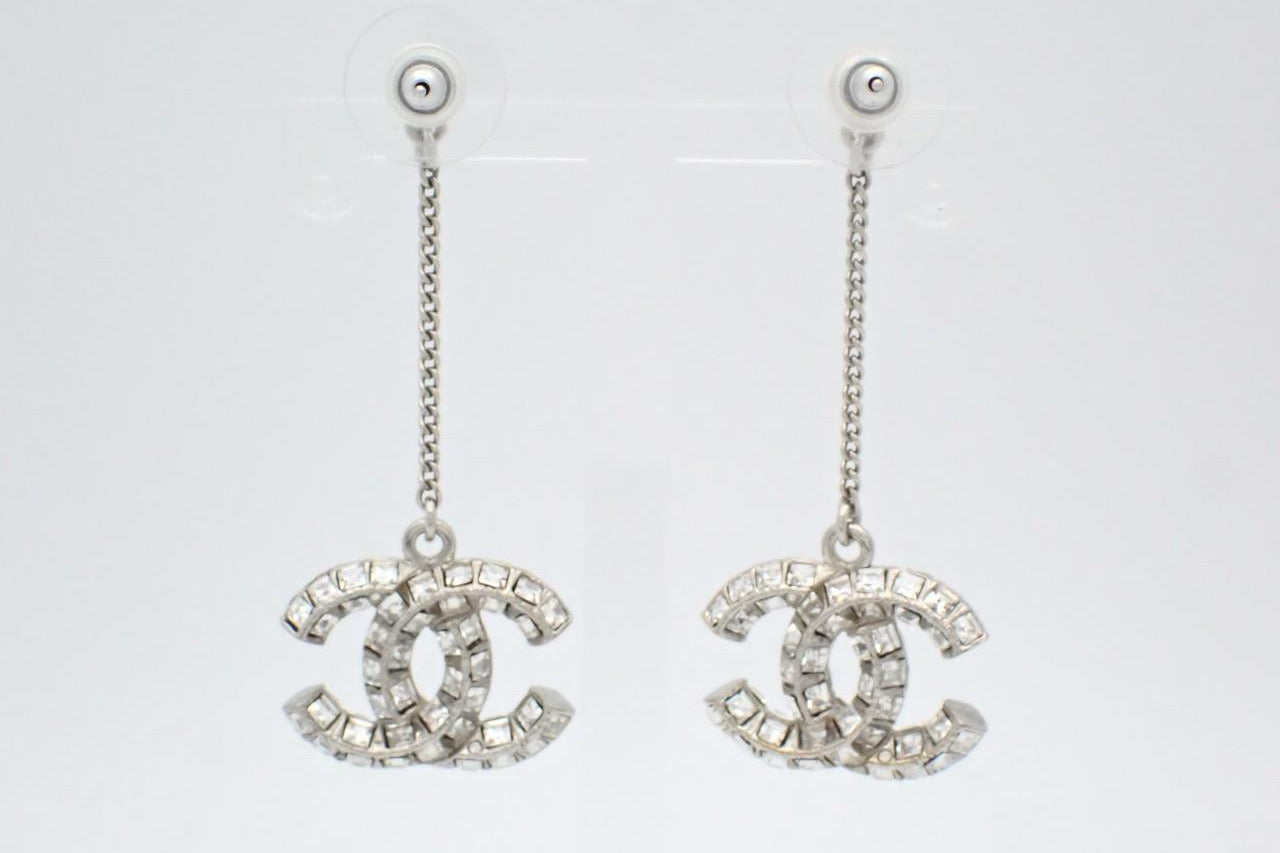 Chanel Silver-Tone Crystal CC Drop Earrings