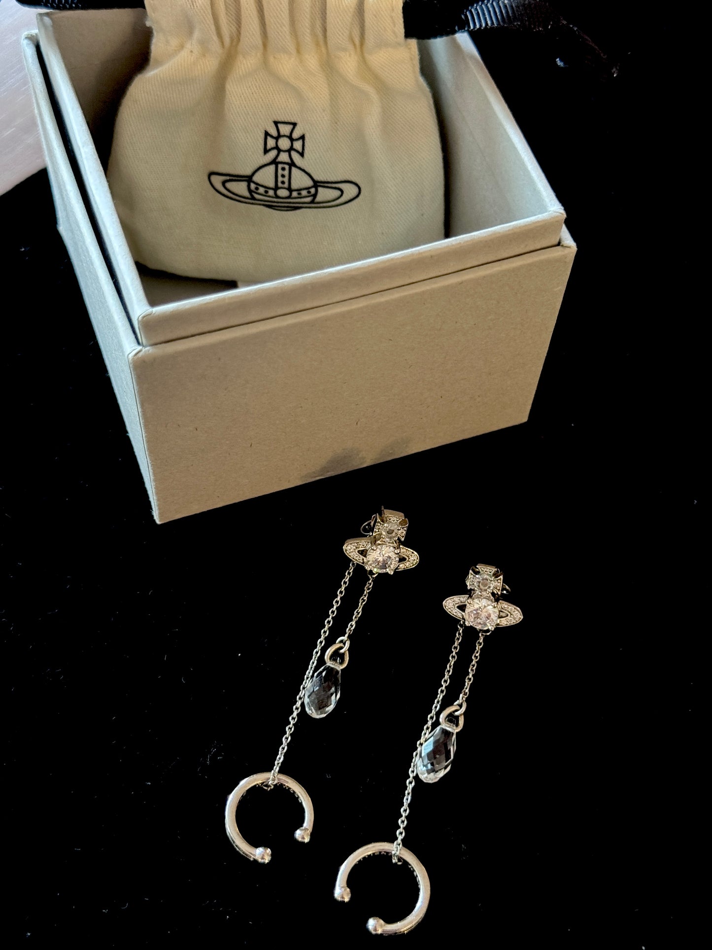Vivienne Westwood 2010s "Celestial Drip" Crystal Orb Asymmetric Chain Drop Earrings