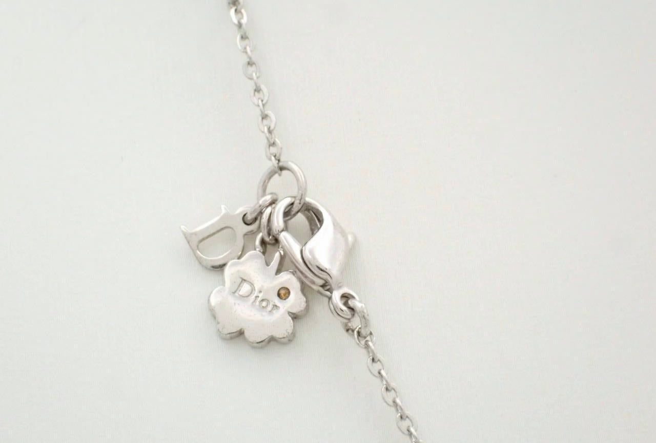 Vintage Dior Crystal Bow Charm Necklace – Silver Tone