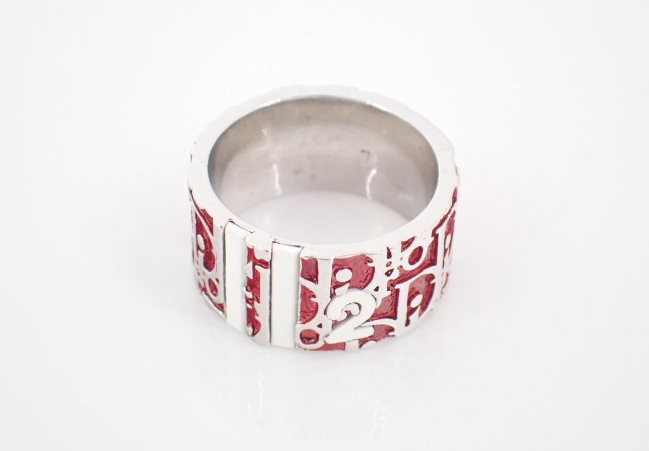 Dior Vintage Red Enamel Logo Wide Band Ring