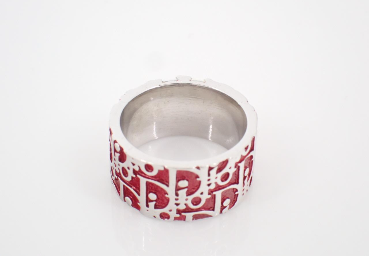 Dior Vintage Red Enamel Logo Wide Band Ring