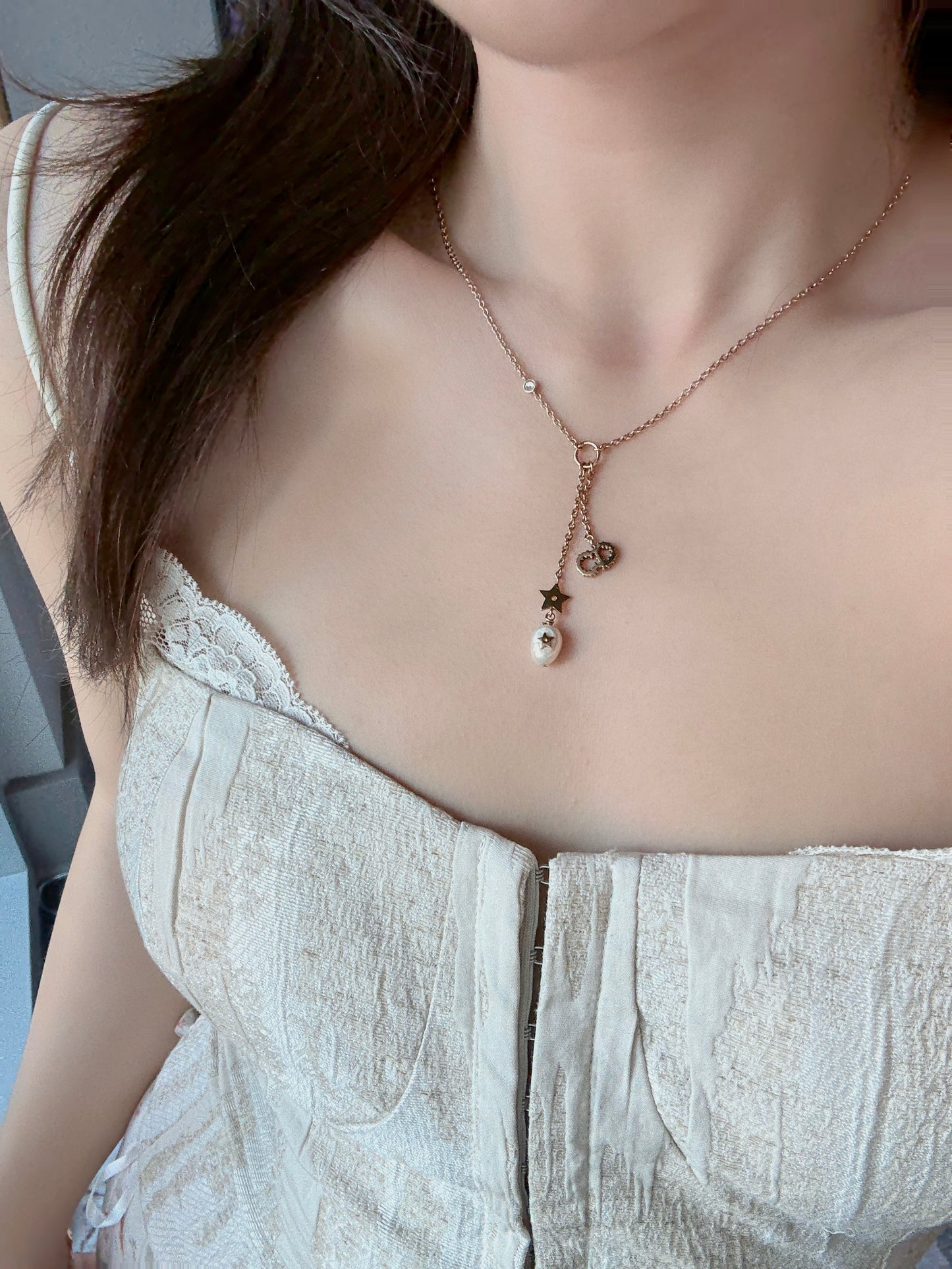 Dior 2010s Asymmetrical Star & Pearl CD Drop Necklace