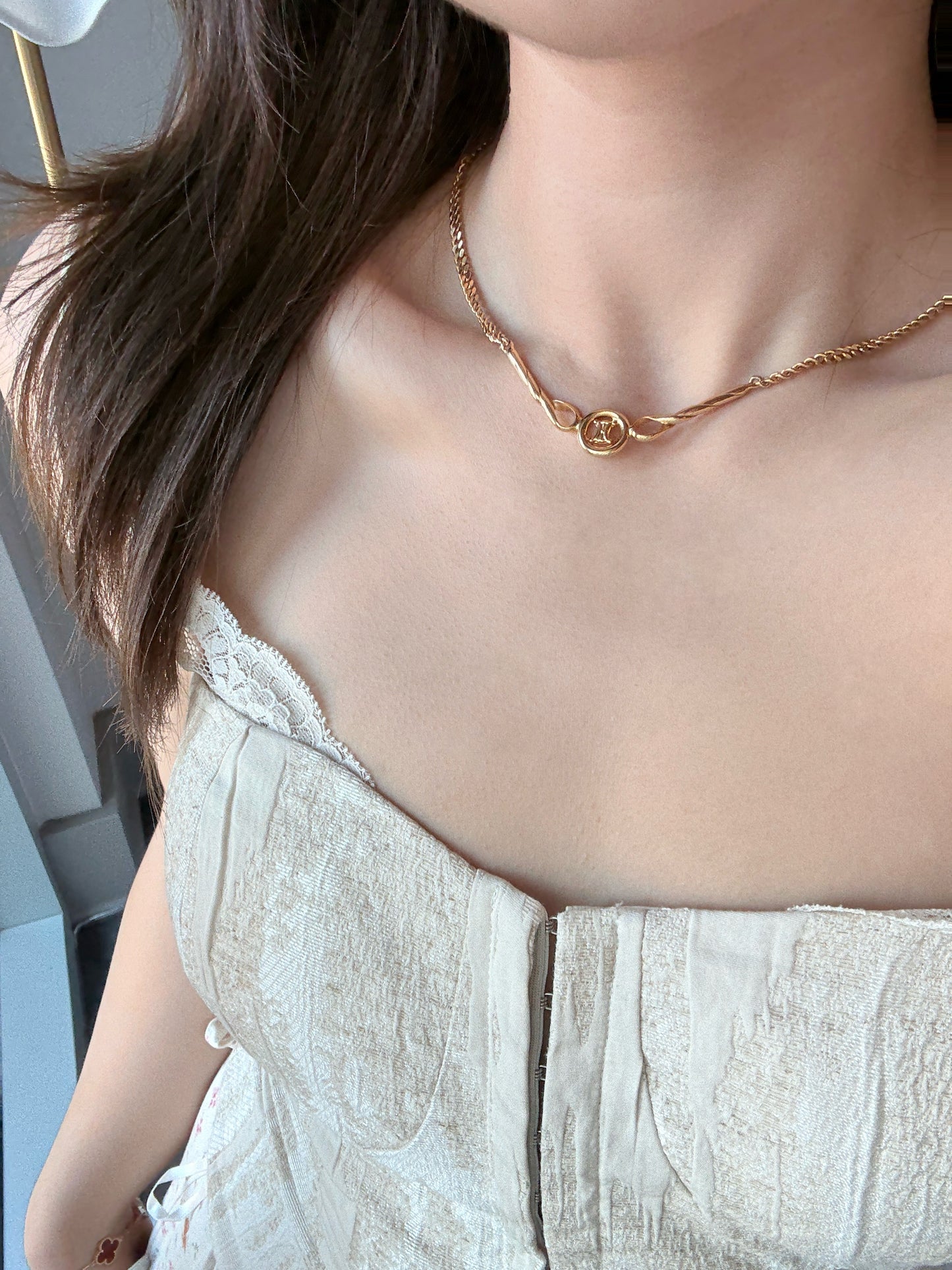 Celine Vintage 1990s Gold-Tone Chain Necklace with Twisted Bar