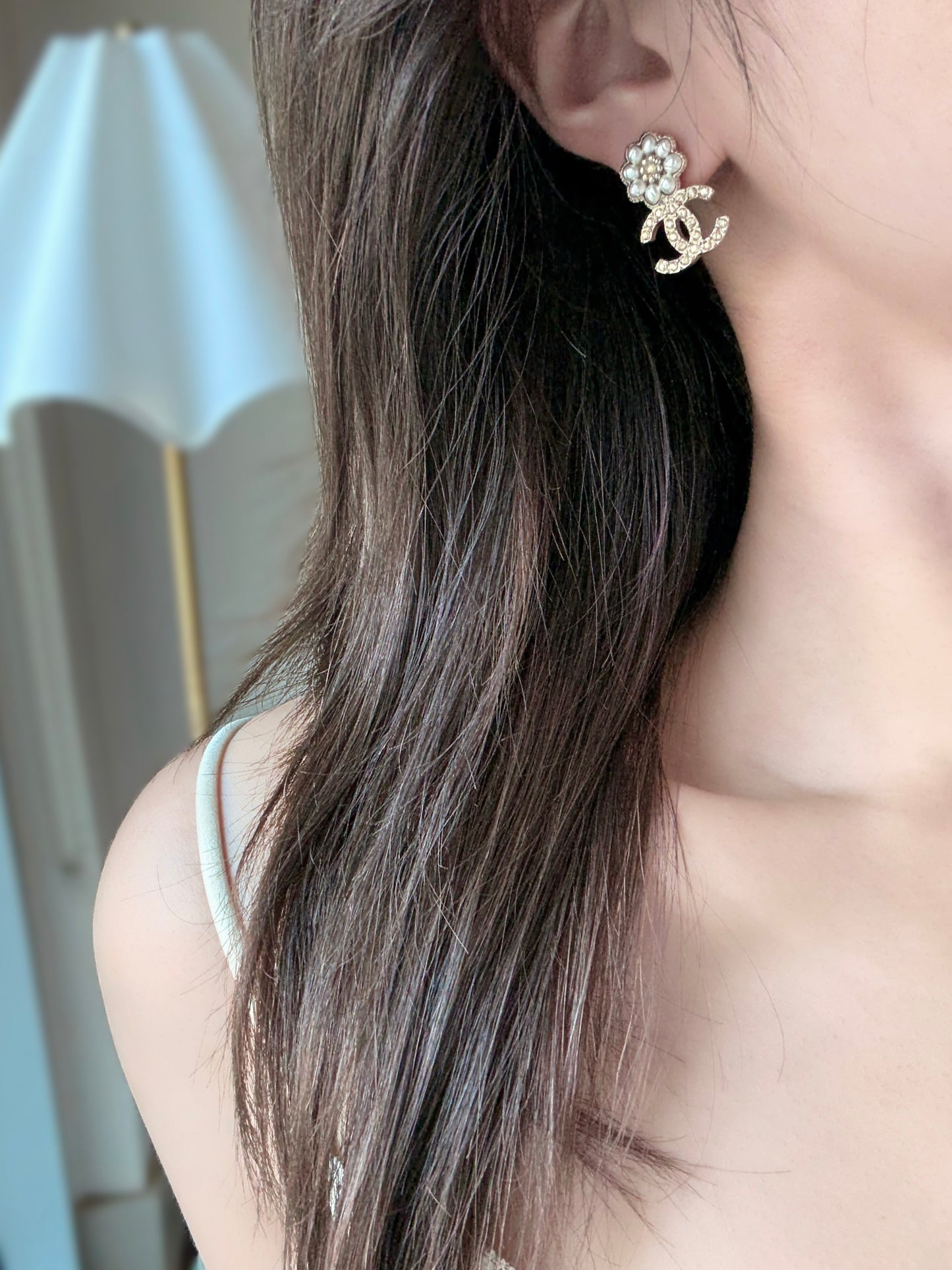 Chanel 2023 Pearl Camellia & Crystal CC Logo Earrings
