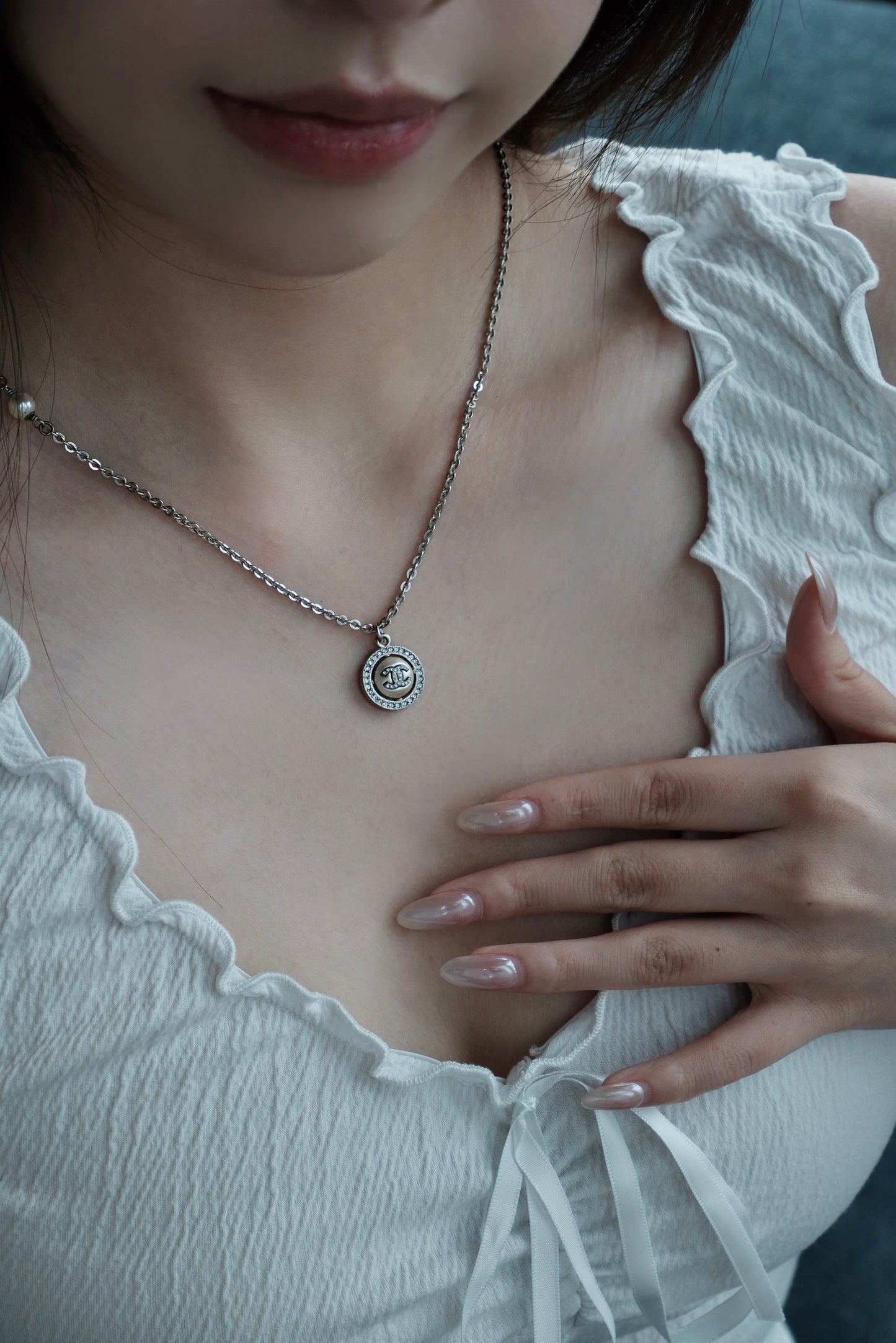 CHANEL 2019 Round Crystal Medallion Necklace – Silver-Tone with Pearl Enamel CC