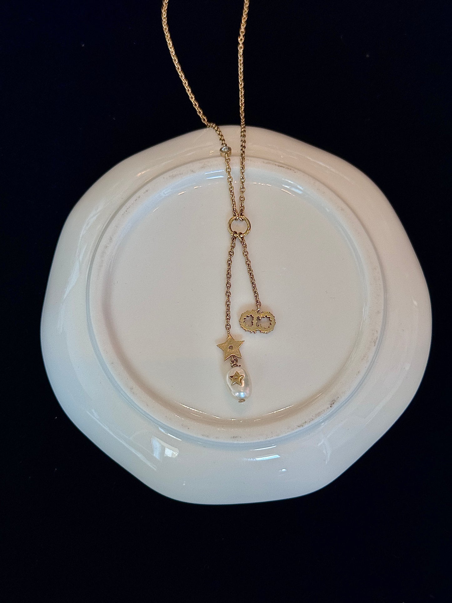 Dior 2010s Asymmetrical Star & Pearl CD Drop Necklace