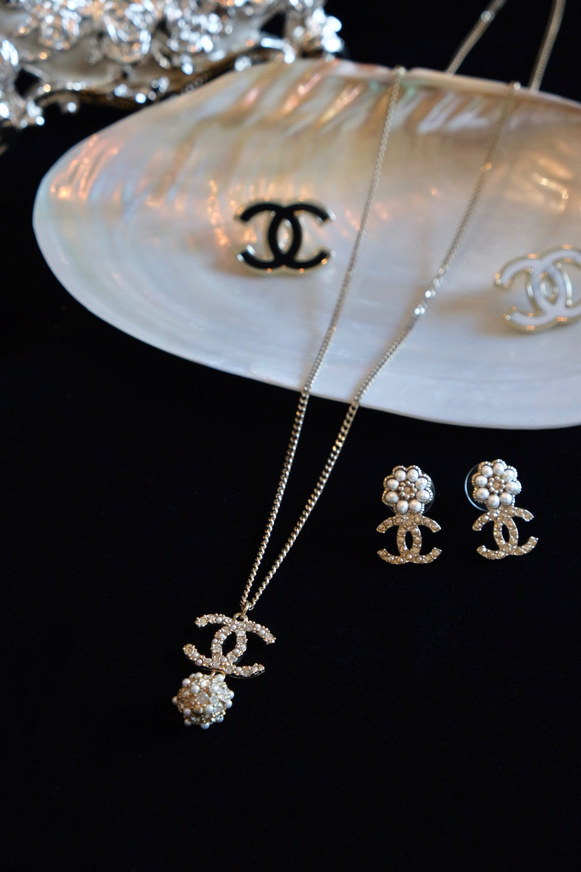 Chanel 2023 Pearl Camellia & Crystal CC Logo Earrings