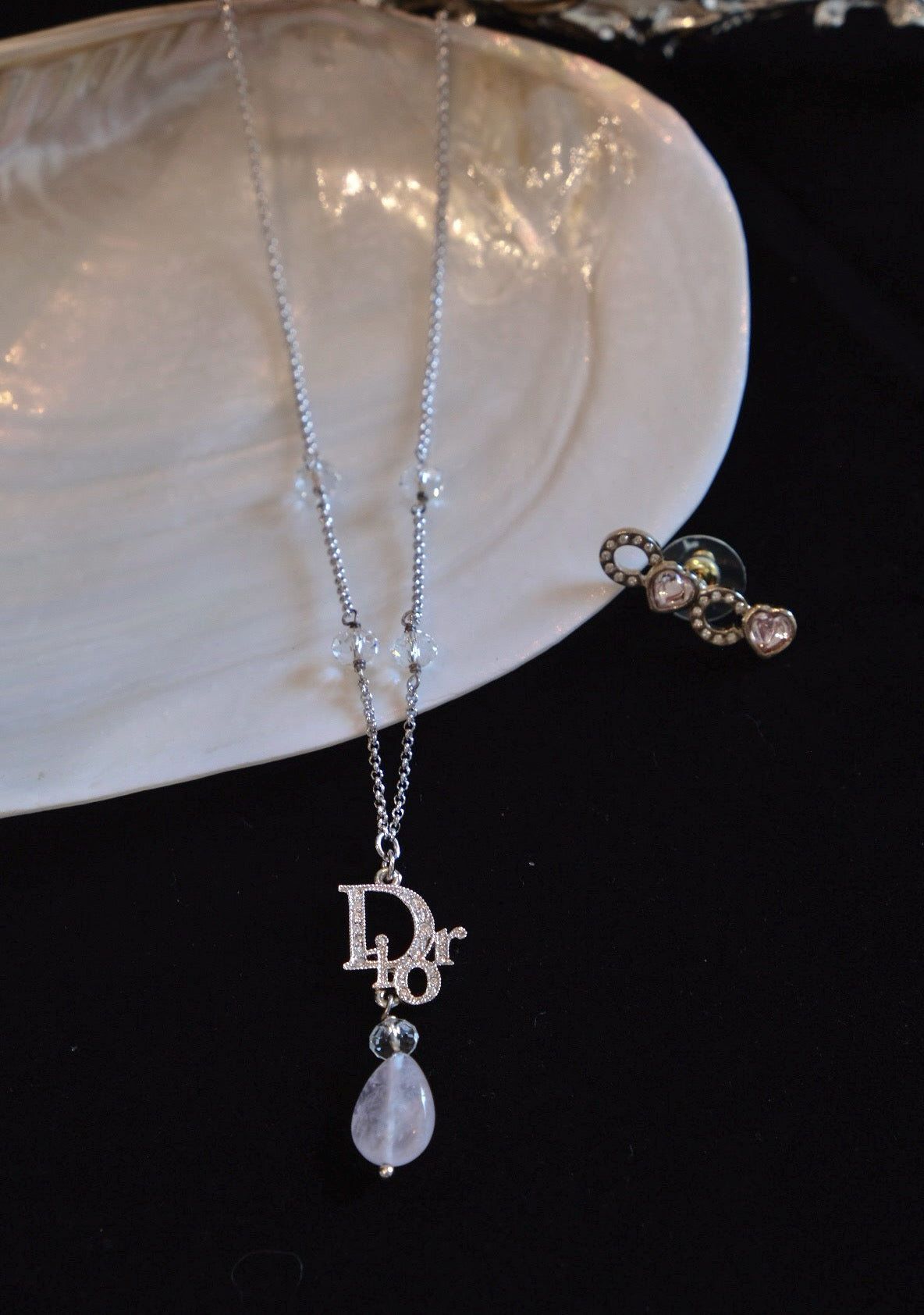 Dior Vintage Logo Pendant Necklace Embellished with Crystal and Teardrop Charm