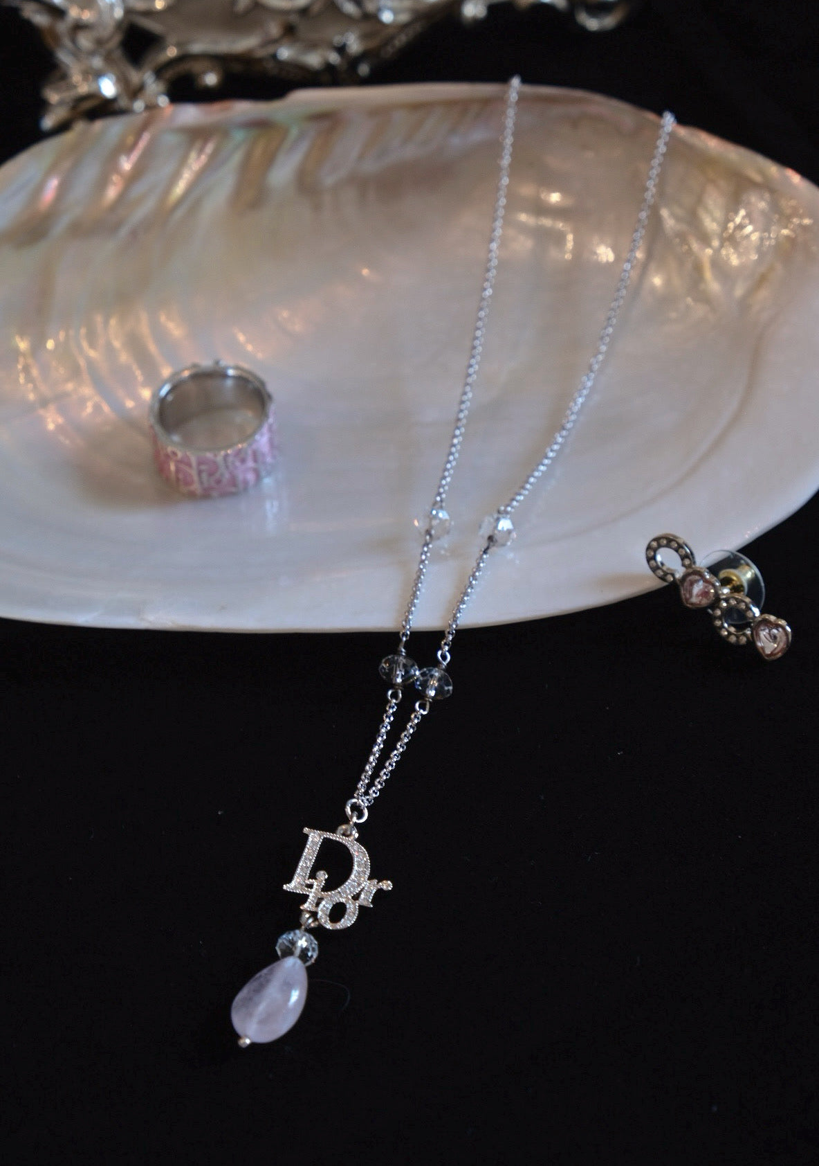 Dior Vintage Logo Pendant Necklace Embellished with Crystal and Teardrop Charm