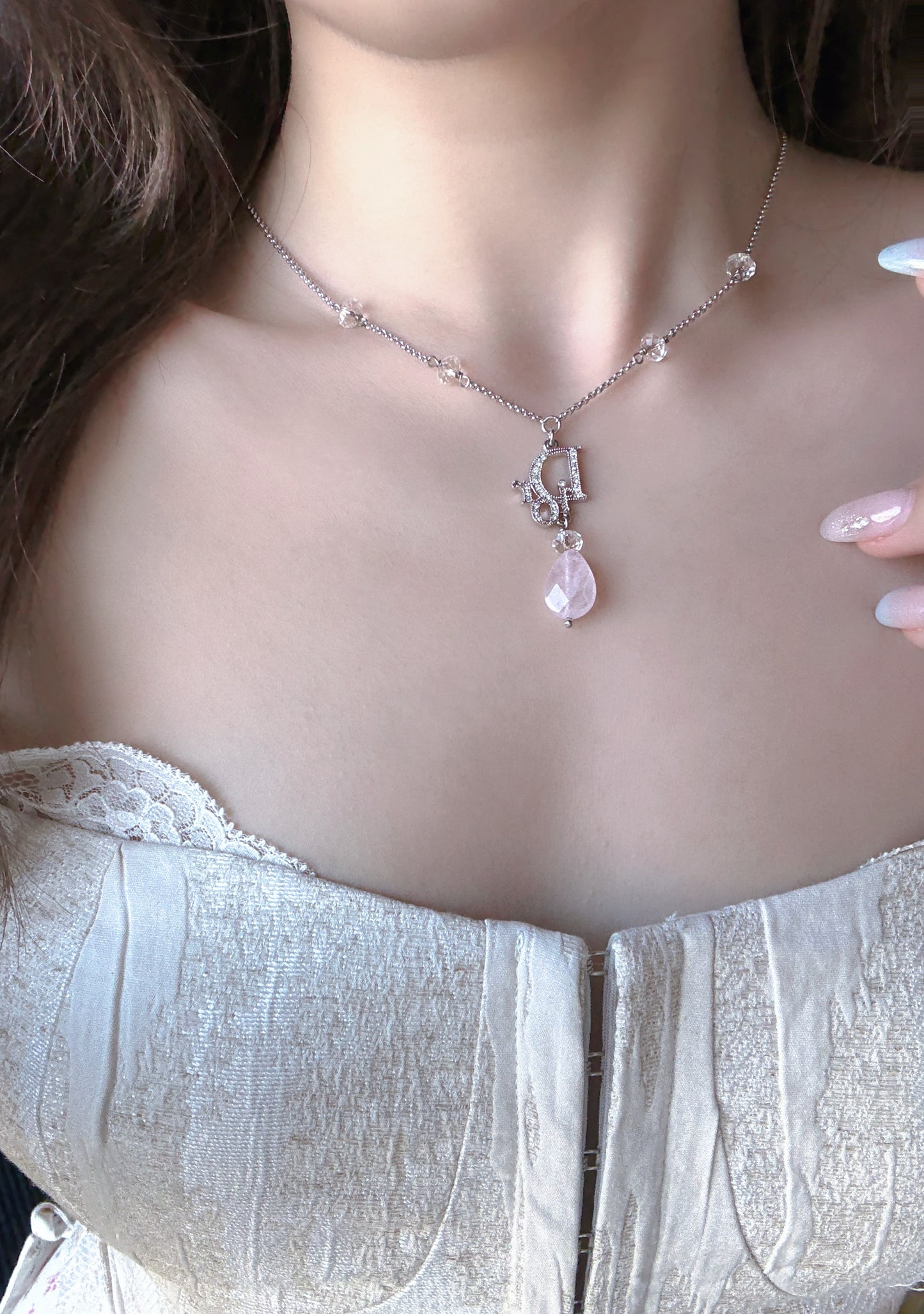 Dior Vintage Logo Pendant Necklace Embellished with Crystal and Teardrop Charm