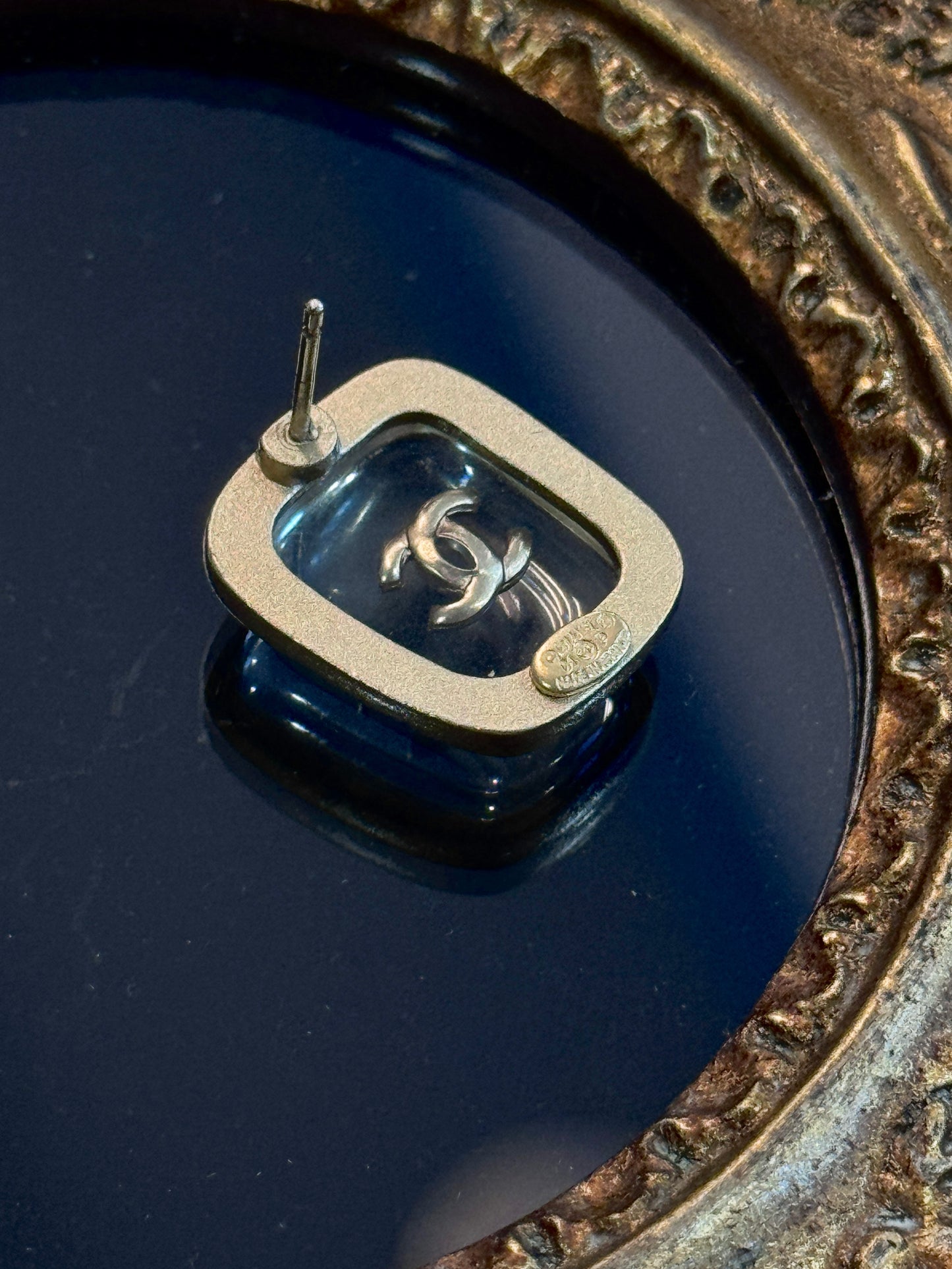 CHANEL 2001 Vintage Transparent Logo Stud Earrings – 24K Gold-Plated Frame