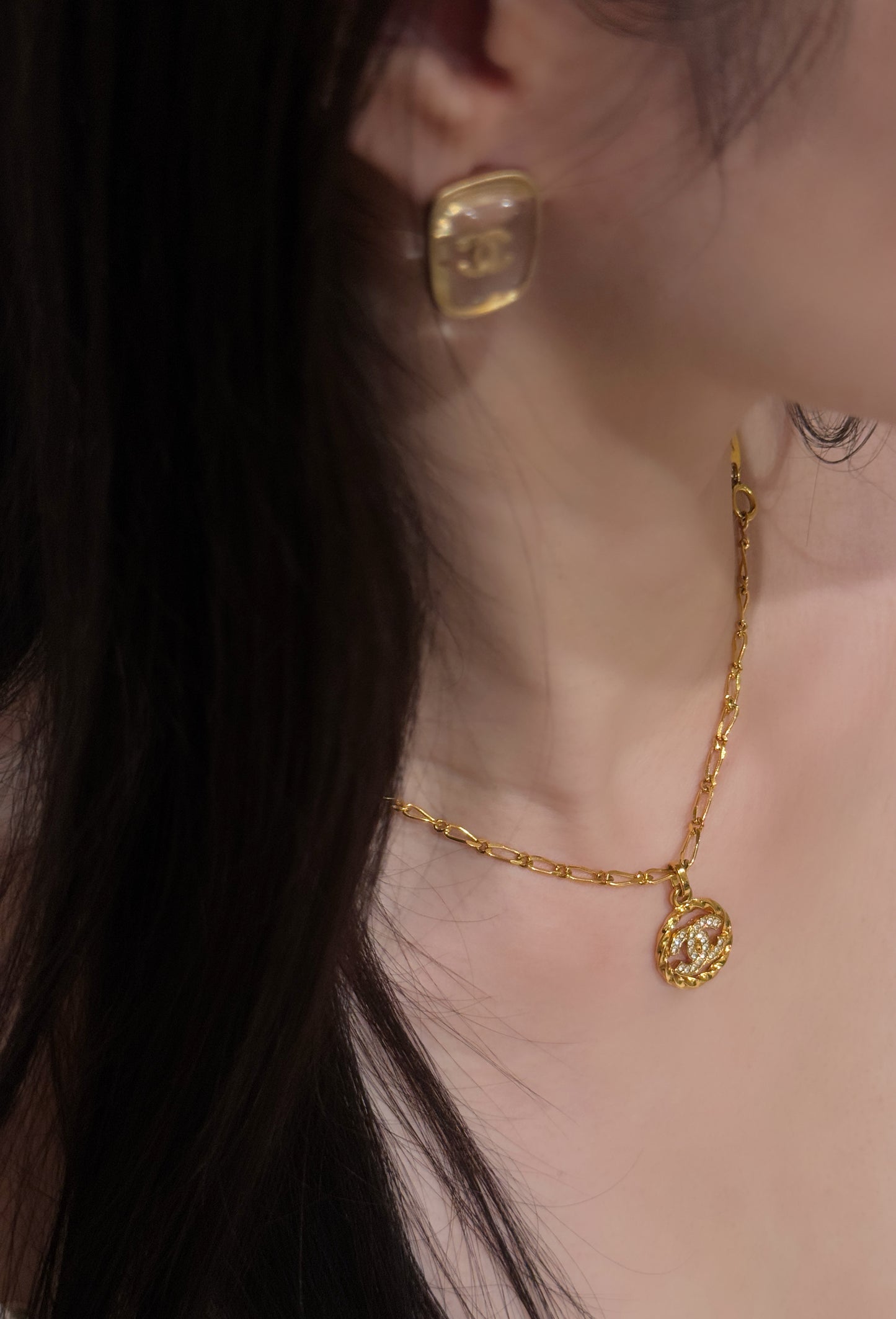 CHANEL 2001 Vintage Transparent Logo Stud Earrings – 24K Gold-Plated Frame