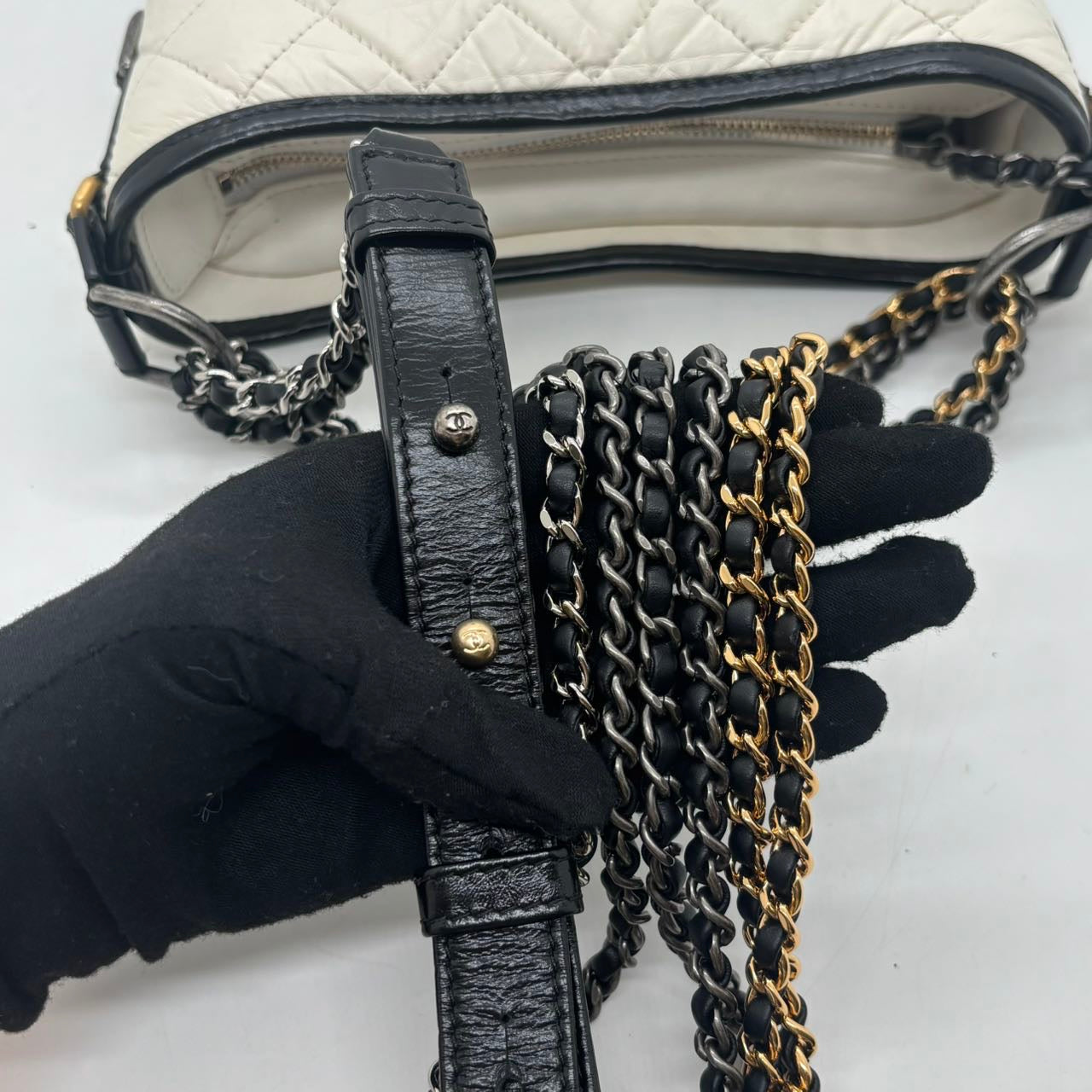 Chanel Gabrielle Small Hobo Bag – Black & White Calfskin with Gold CC Charm