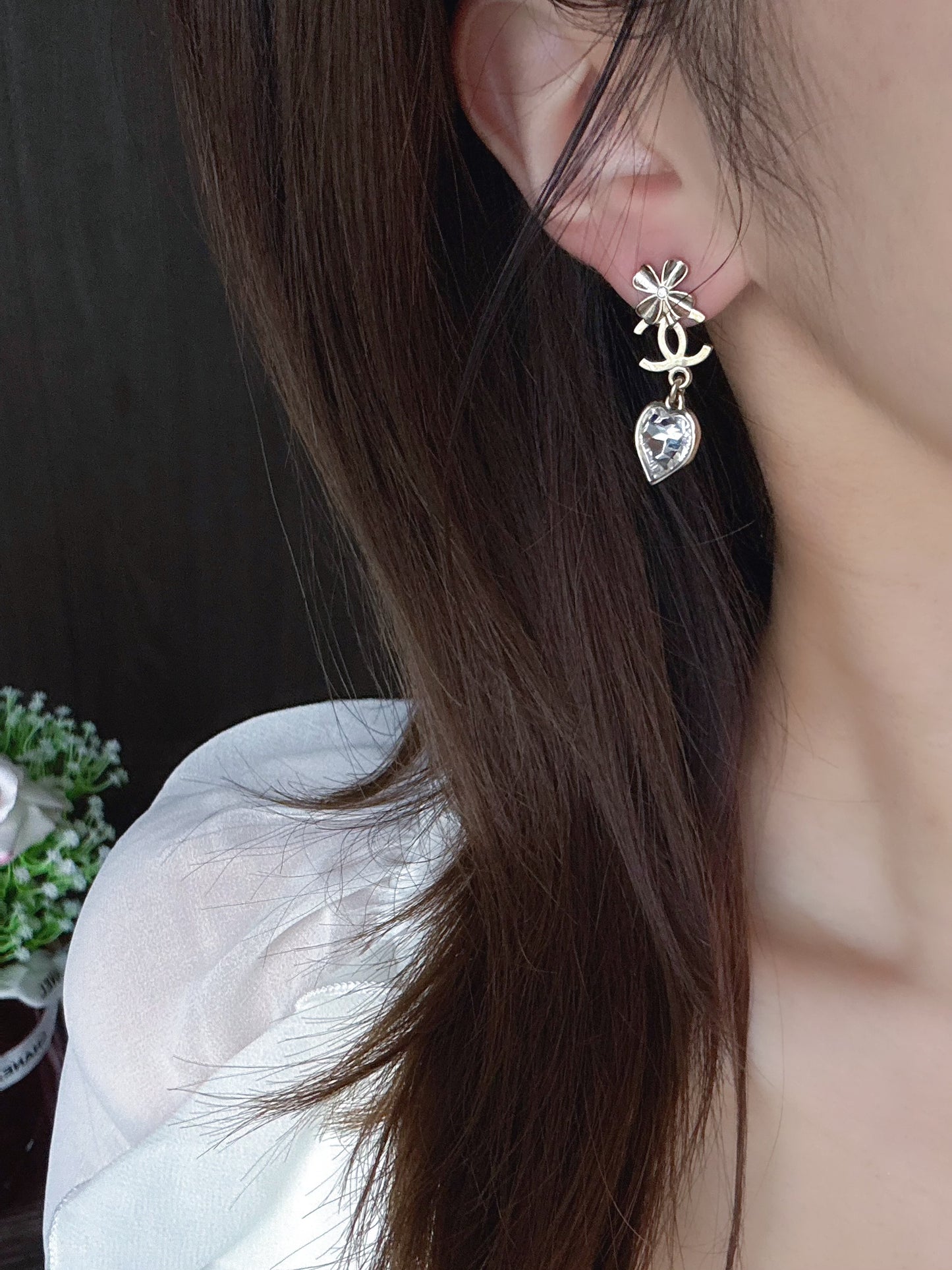 CHANEL 2022 Heart Crystal Drop Earrings – Silver-Tone with Bow Detail