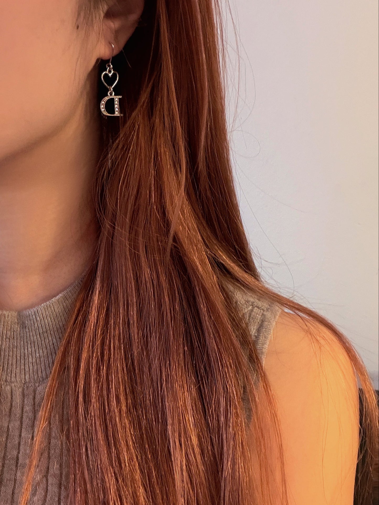Dior 2000s "Heart Letter" Crystal-Pavé Logo Drop Earrings