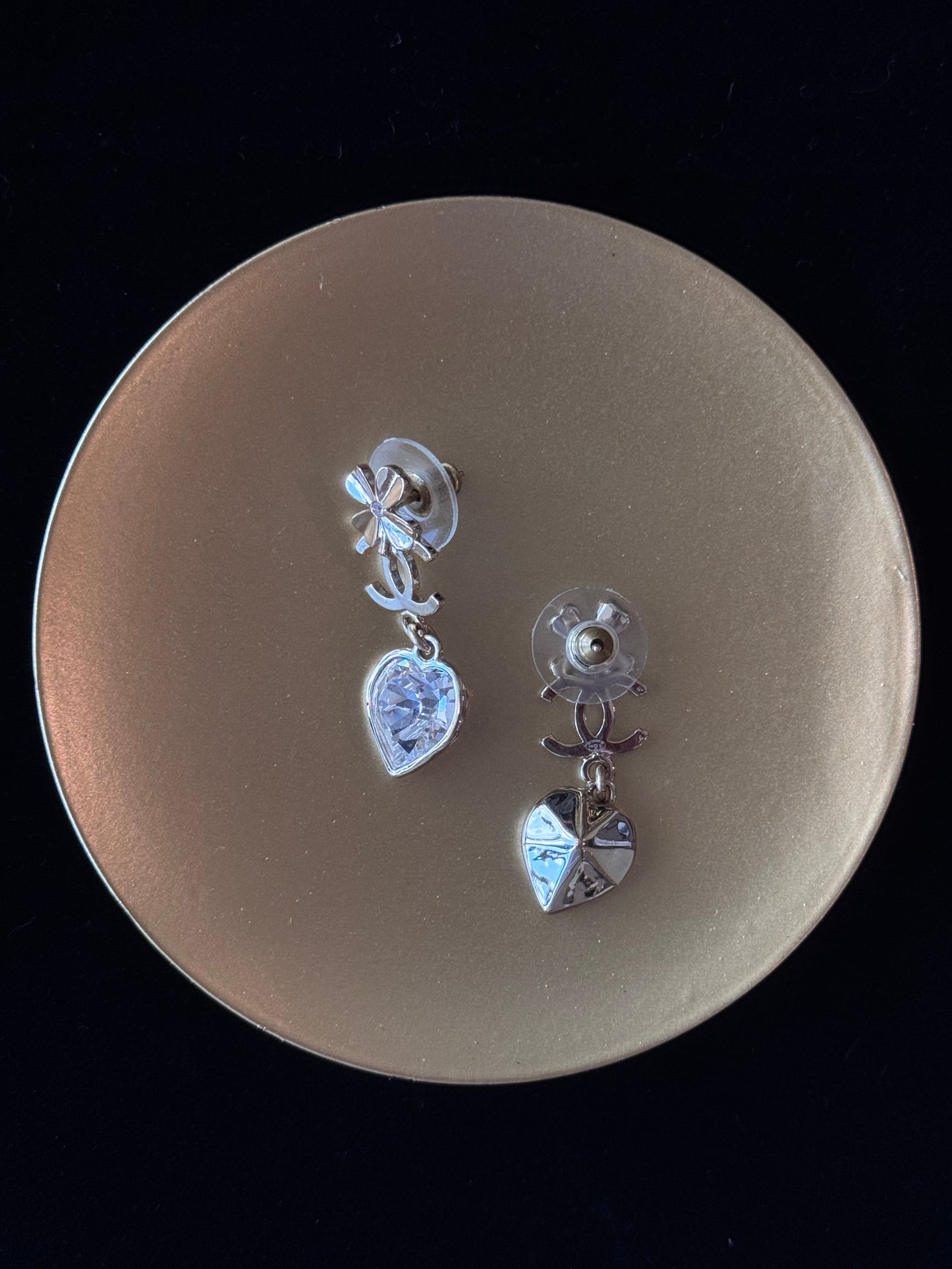 CHANEL 2022 Heart Crystal Drop Earrings – Silver-Tone with Bow Detail