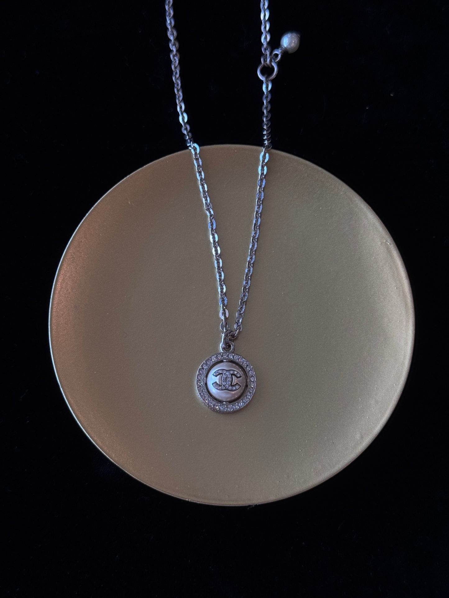 CHANEL 2019 Round Crystal Medallion Necklace – Silver-Tone with Pearl Enamel CC